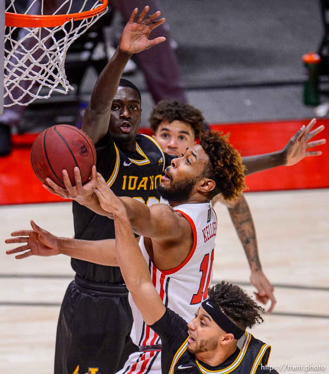 (Trent Nelson  |  The Salt Lake Tribune) Utah Utes guard Jordan Kellier (10) drives to the basket as Utah hosts Idaho, NCAA basketball in Salt Lake City on Friday, Dec. 18, 2020.