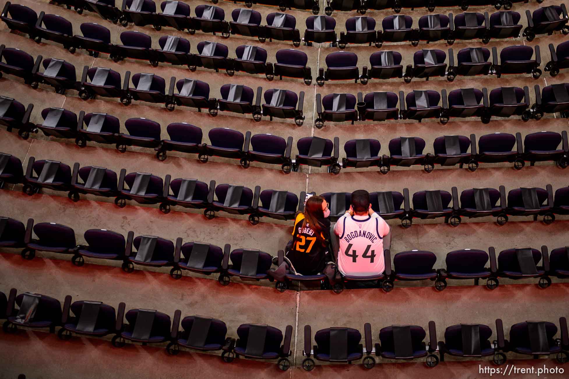 (Trent Nelson  |  The Salt Lake Tribune) Seats are either available or taped off as a limited number of fans prepare to watch the Utah Jazz host the Minnesota Timberwolves, NBA basketball at Vivint Smart Home Arena in Salt Lake City on Saturday, Dec. 26, 2020.