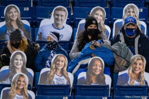 (Trent Nelson  |  The Salt Lake Tribune) Fans braving below freezing temperatures before the game as BYU hosts San Diego State, NCAA football in Provo on Saturday, Dec. 12, 2020.