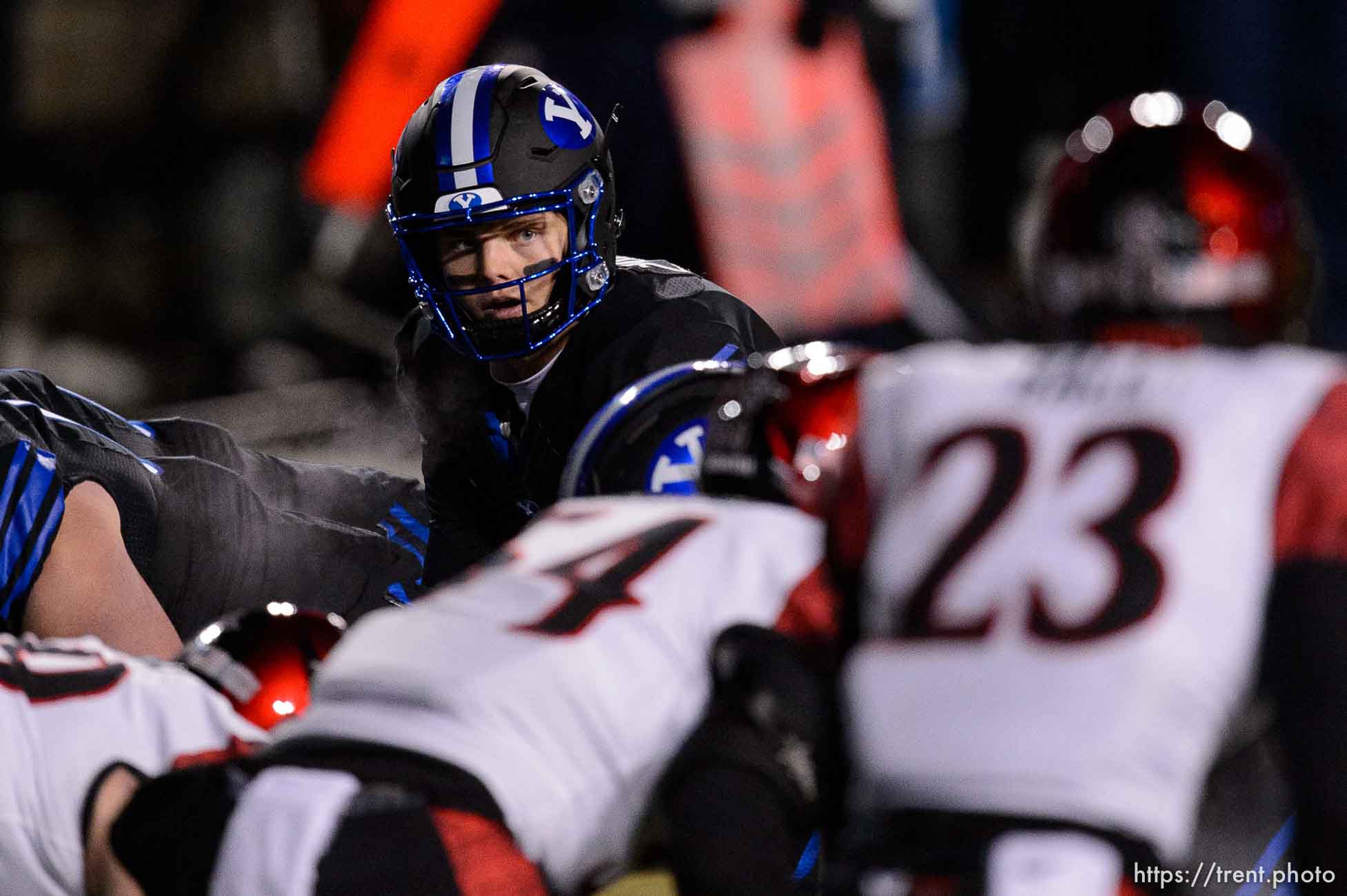 (Trent Nelson  |  The Salt Lake Tribune) Brigham Young Cougars quarterback Zach Wilson (1) as BYU hosts San Diego State, NCAA football in Provo on Saturday, December 12, 2020.