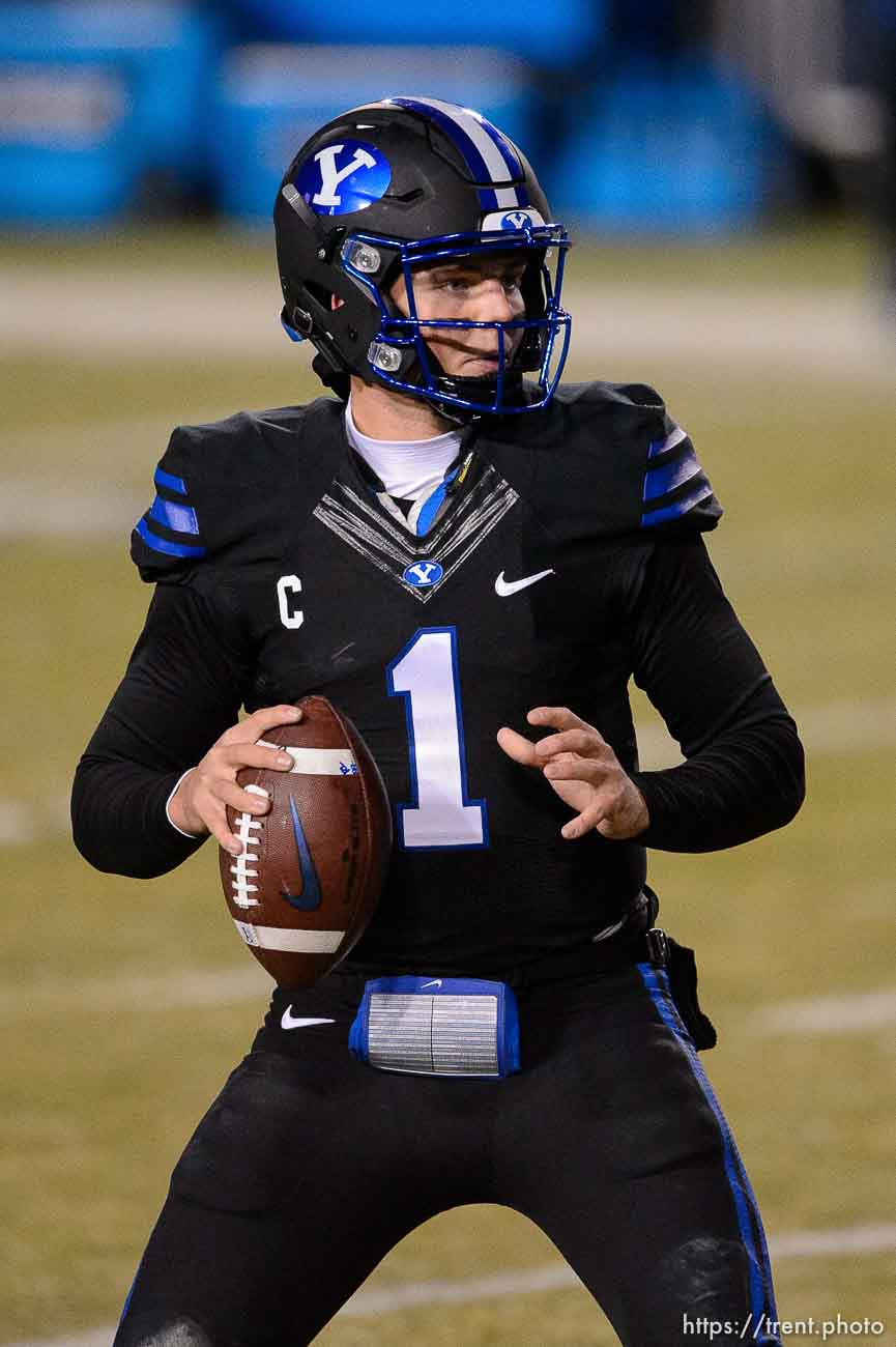 (Trent Nelson  |  The Salt Lake Tribune) Brigham Young Cougars quarterback Zach Wilson (1) as BYU hosts San Diego State, NCAA football in Provo on Saturday, December 12, 2020.