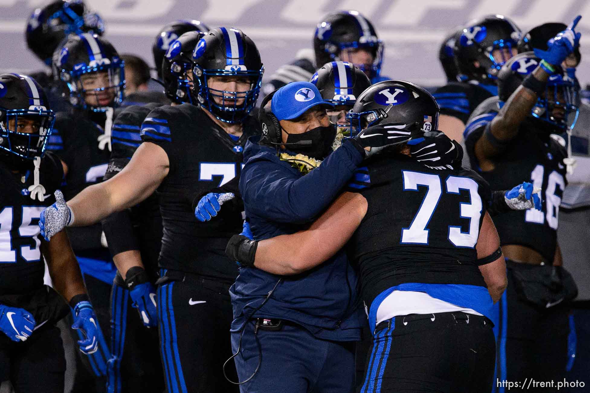 (Trent Nelson  |  The Salt Lake Tribune) Brigham Young Cougars defensive lineman Caden Haws (73) celebrates a stop as BYU hosts San Diego State, NCAA football in Provo on Saturday, December 12, 2020.