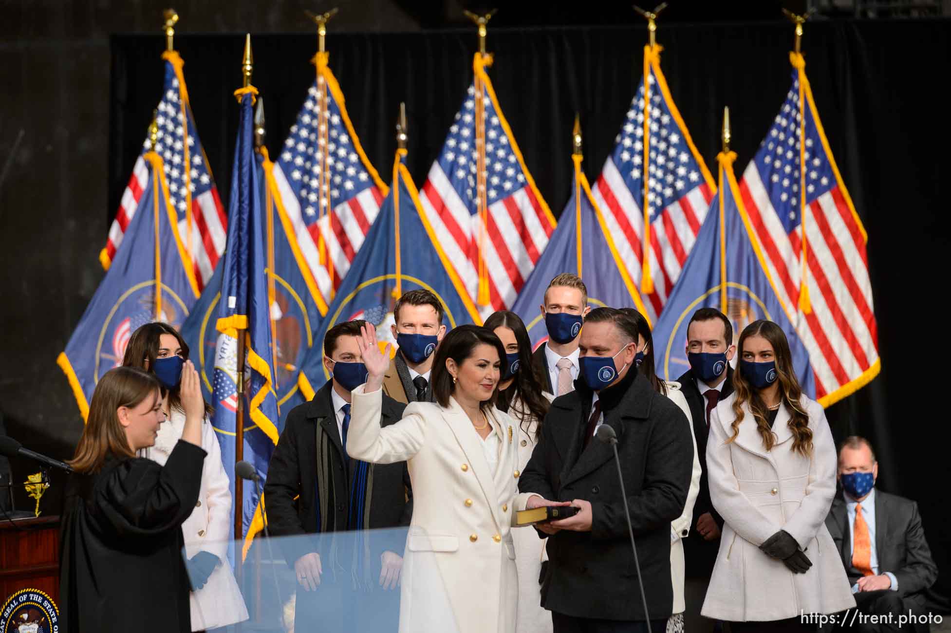 (Trent Nelson  |  The Salt Lake Tribune) Deidre Henderson is sworn as Lt. Gov. by Justice Paige Peterson at Tuacahn Center for the Arts in Ivins on Monday, Jan. 4, 2021. At right is Gabe Henderson.