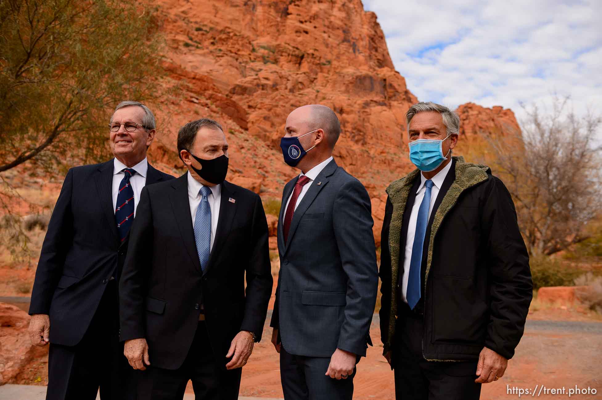 (Trent Nelson  |  The Salt Lake Tribune) Utah Governors Mike Leavitt, Jon Huntsman Jr., Gary Herbert, and Spencer Cox pose for a photograph after Cox was inaugurated as Utah's 18th Governor at Tuacahn Center for the Arts in Ivins on Monday, Jan. 4, 2021.