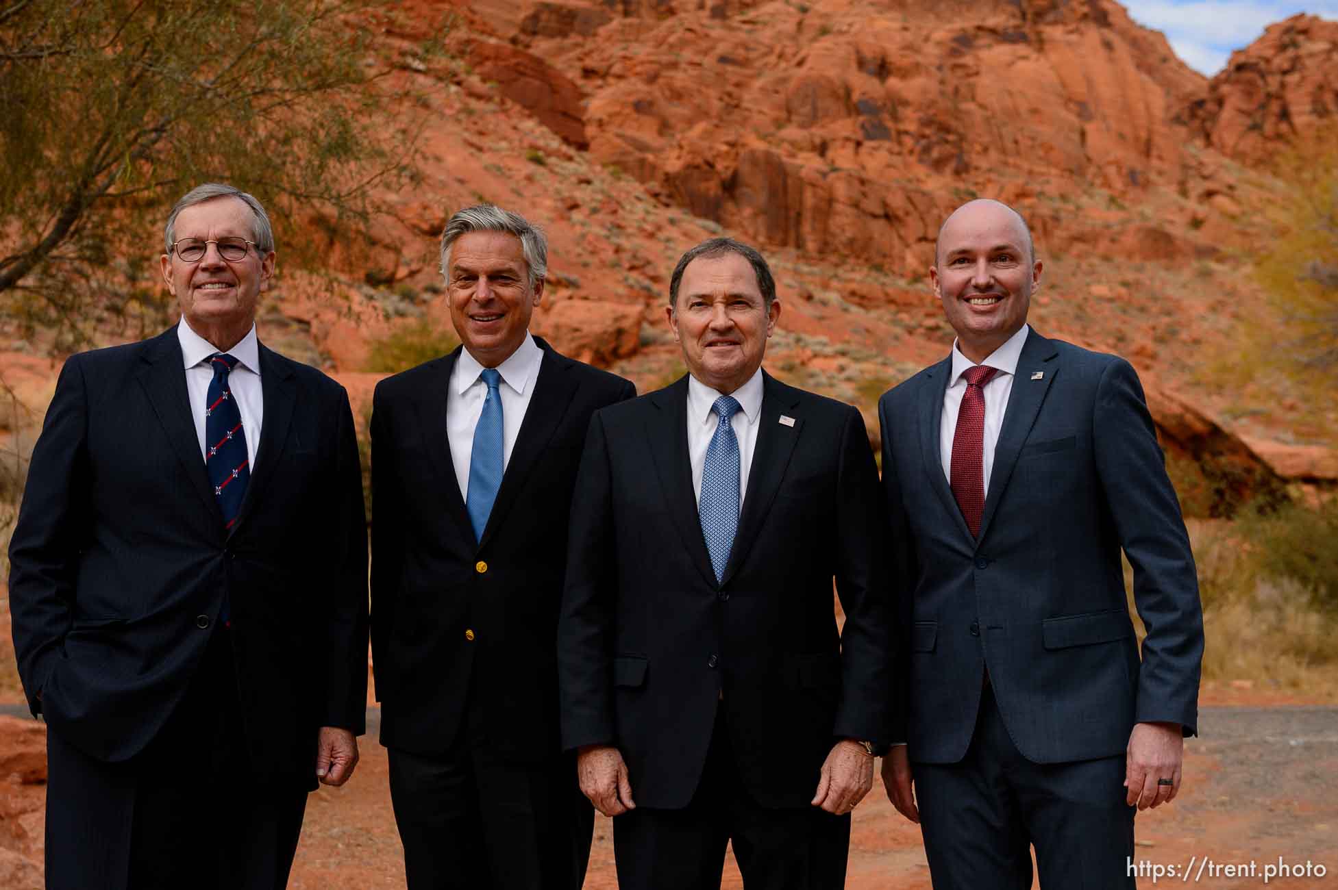 (Trent Nelson  |  The Salt Lake Tribune) Utah Governors Mike Leavitt, Jon Huntsman Jr., Gary Herbert, and Spencer Cox pose for a photograph after Cox was inaugurated as Utah's 18th Governor at Tuacahn Center for the Arts in Ivins on Monday, Jan. 4, 2021.