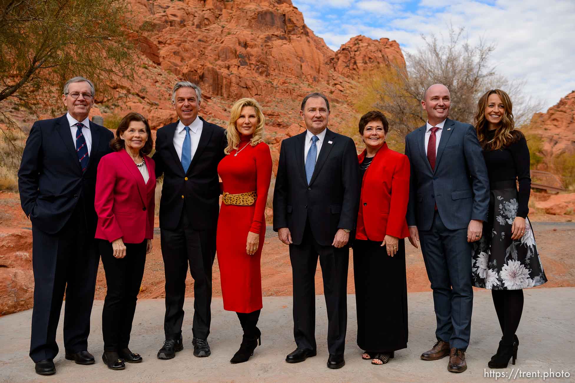 (Trent Nelson  |  The Salt Lake Tribune) Utah Governors gathered for a photograph after Spencer Cox was inaugurated as Utah's 18th Governor at Tuacahn Center for the Arts in Ivins on Monday, Jan. 4, 2021. From left, Mike Leavitt, Jacalyn Leavitt, Jon Huntsman Jr., Mary Kaye Huntsman, Gary Herbert, Jeanette Herbert, Spencer Cox, and Abby Cox.