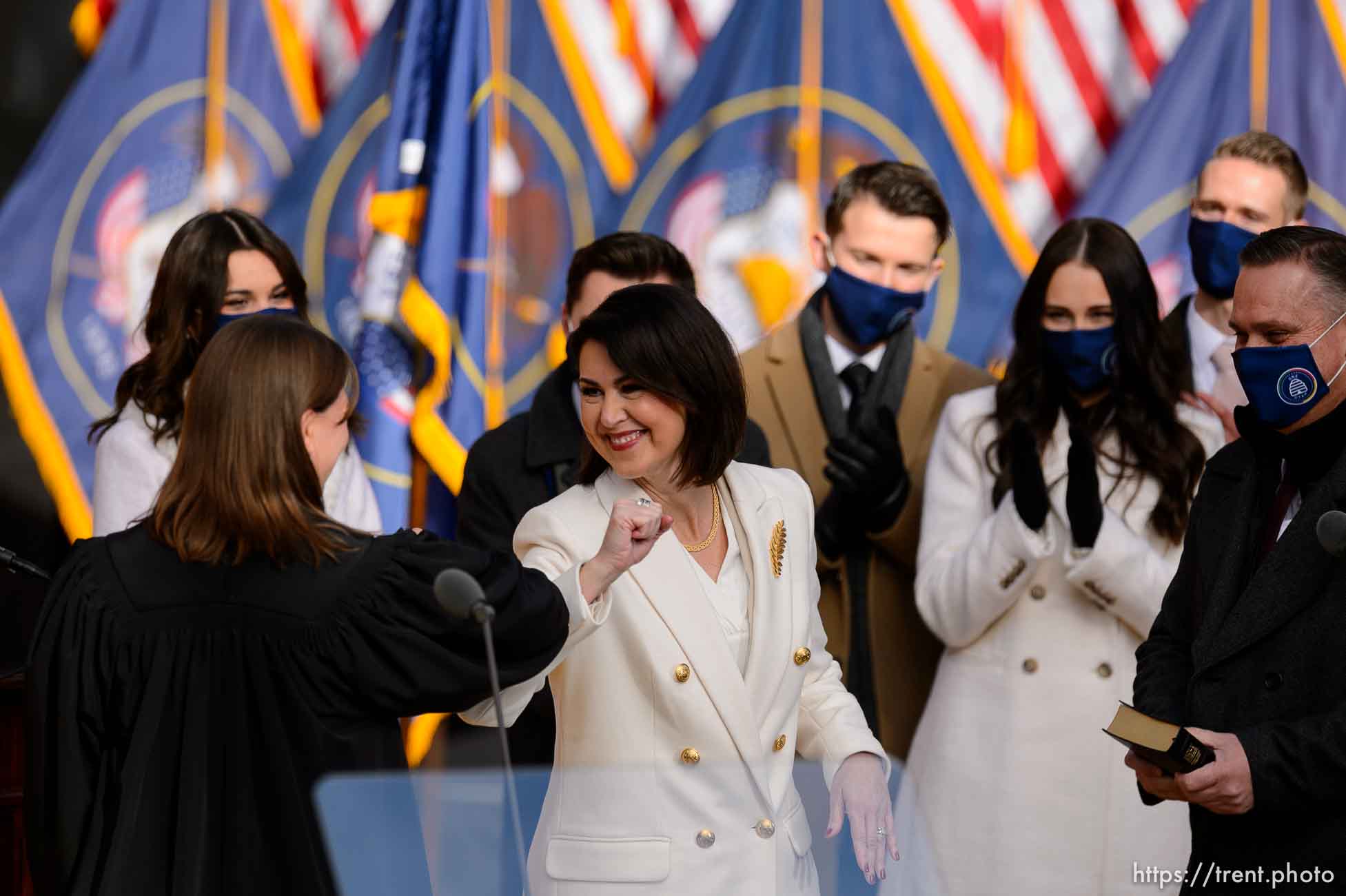 (Trent Nelson  |  The Salt Lake Tribune) Deidre Henderson is sworn as Lt. Gov. by Justice Paige Peterson at Tuacahn Center for the Arts in Ivins on Monday, Jan. 4, 2021. At right is Gabe Henderson.