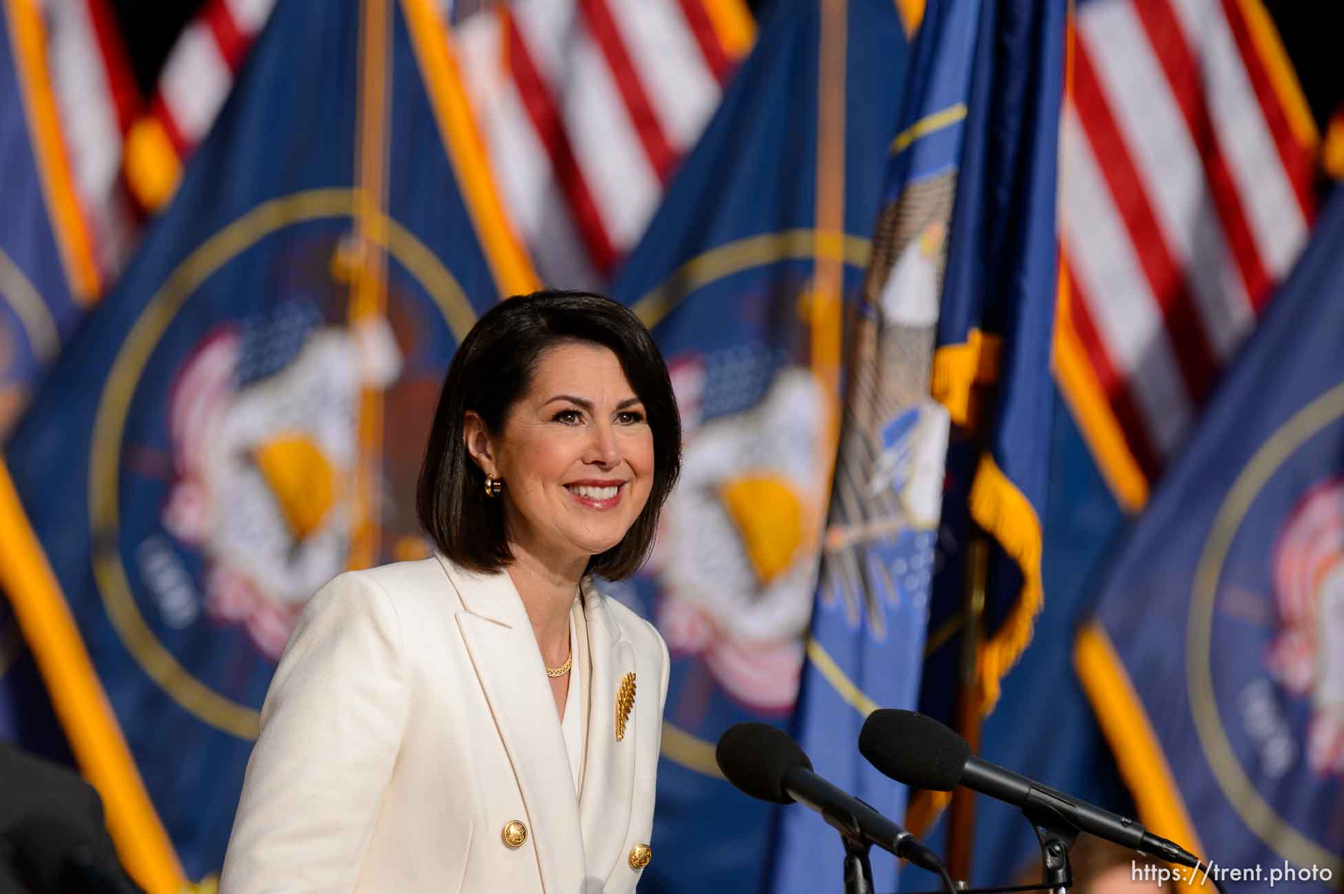 (Trent Nelson  |  The Salt Lake Tribune) Deidre Henderson is sworn as Lt. Gov. at Tuacahn Center for the Arts in Ivins on Monday, Jan. 4, 2021.