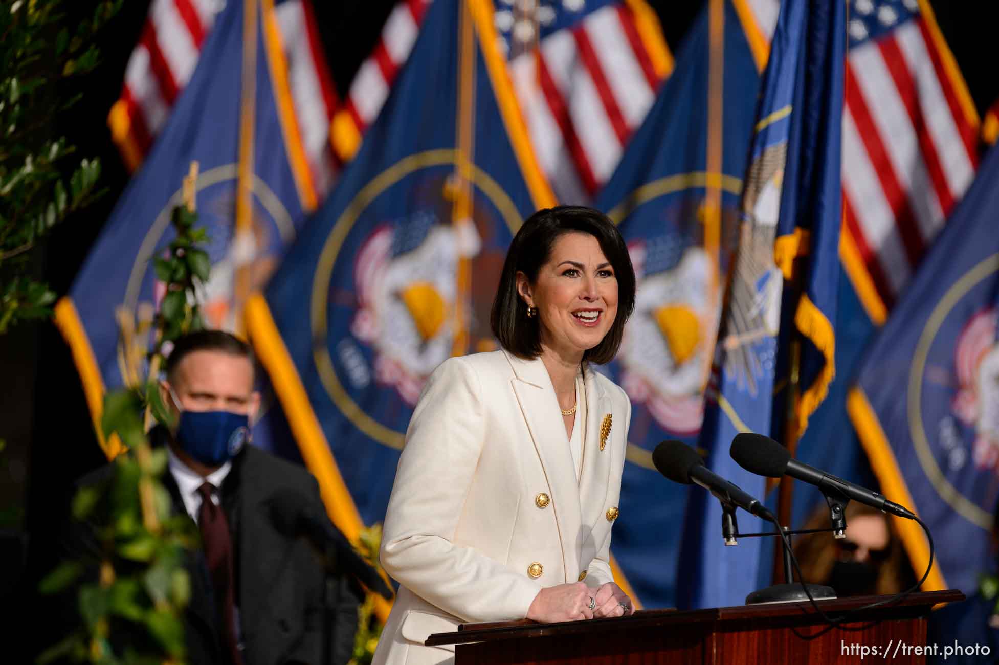 (Trent Nelson  |  The Salt Lake Tribune) Deidre Henderson is sworn as Lt. Gov. at Tuacahn Center for the Arts in Ivins on Monday, Jan. 4, 2021.