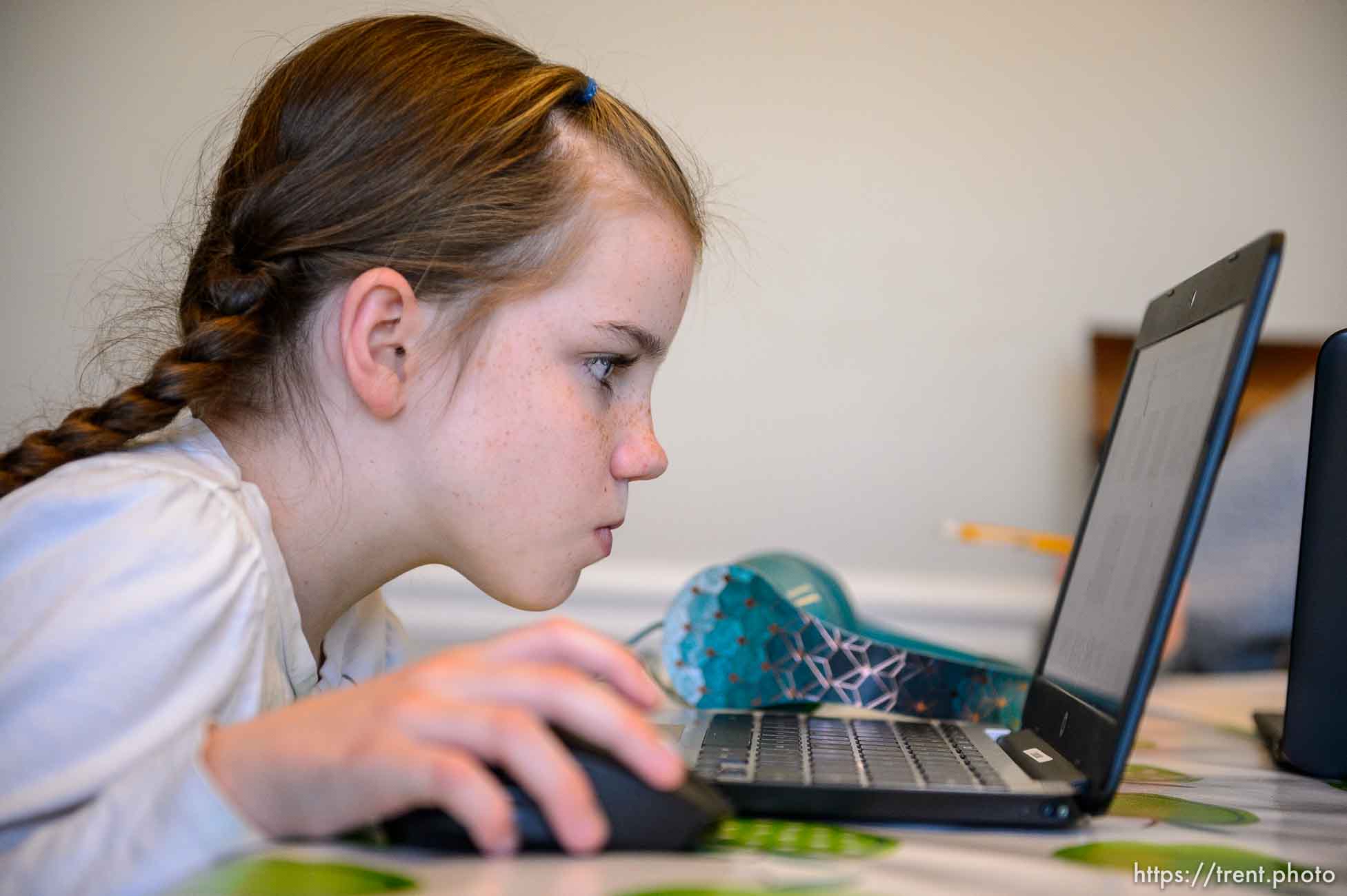 (Trent Nelson  |  The Salt Lake Tribune) Hailey Bowen, a fourth grader at Long View Elementary, doing online schoolwork at home in Murray on Wednesday, Jan. 13, 2021.