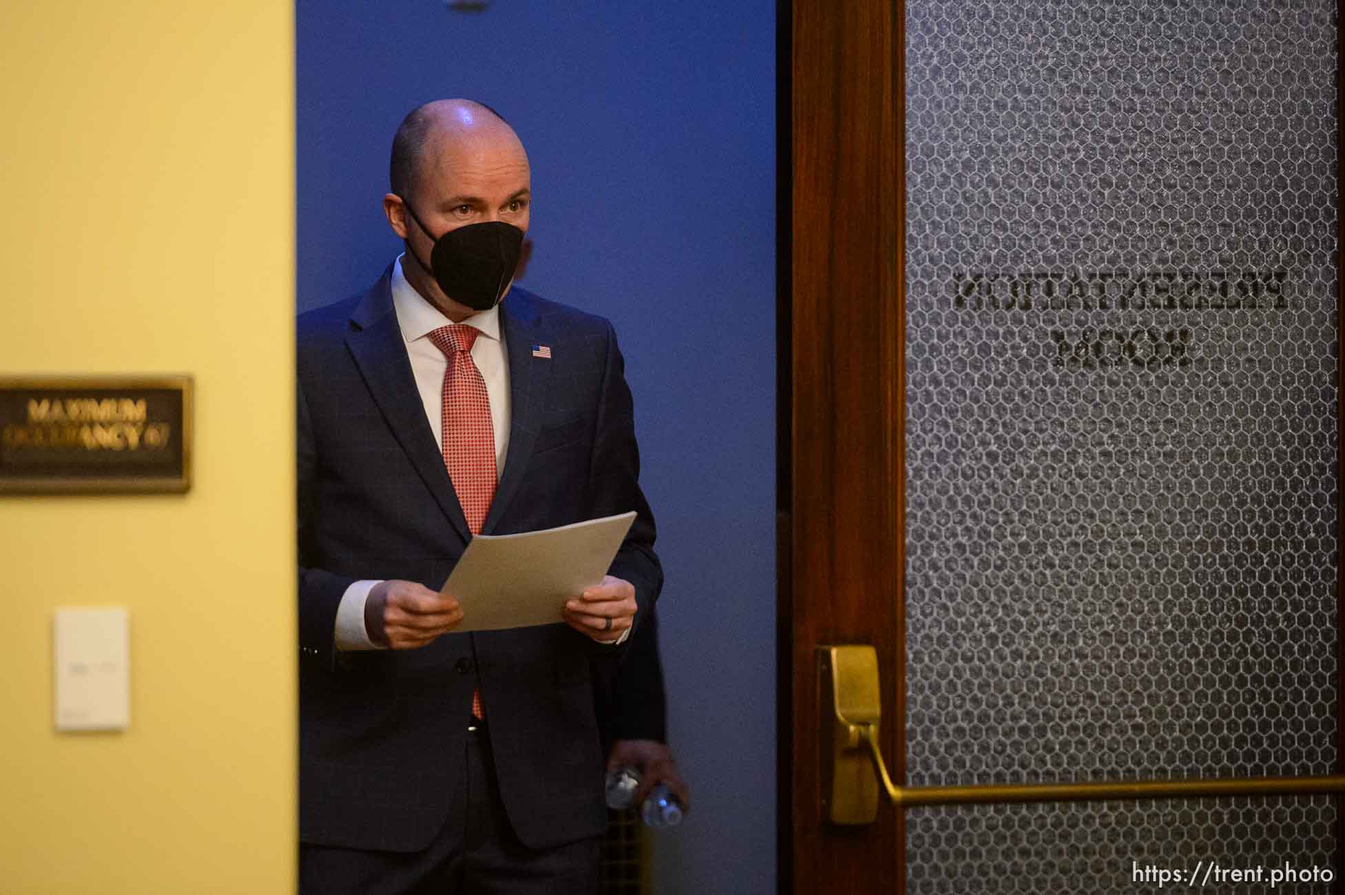 (Trent Nelson  |  The Salt Lake Tribune) Gov. Spencer Cox prepares to speak at a news conference in Salt Lake City on Thursday, Jan. 14, 2021.