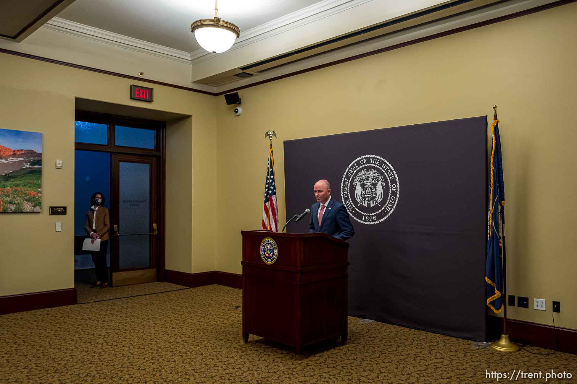 (Trent Nelson  |  The Salt Lake Tribune) Gov. Spencer Cox speaks at a news conference in Salt Lake City on Thursday, Jan. 14, 2021. Lt. Gov. Deidre Henderson at left