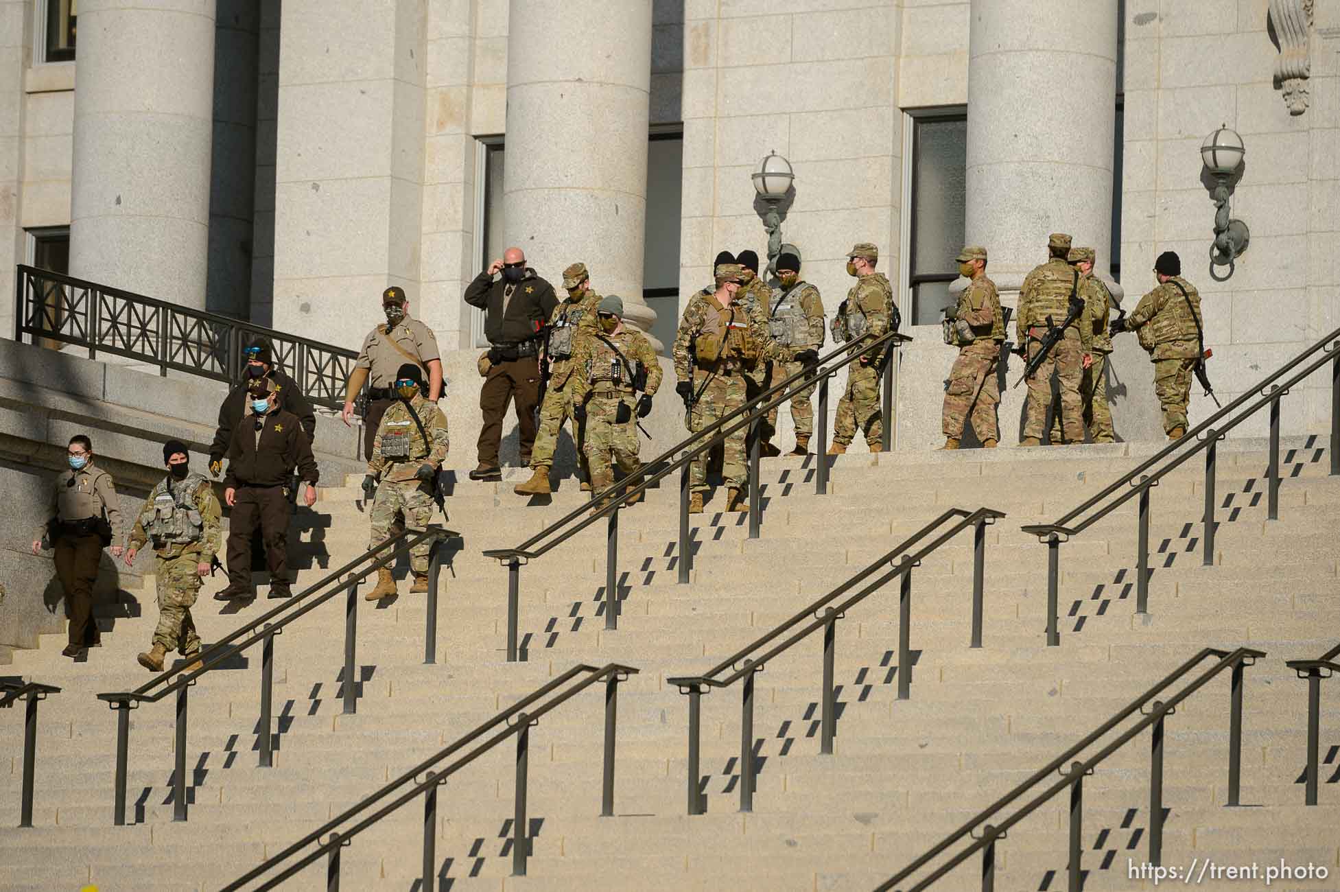 (Trent Nelson  |  The Salt Lake Tribune) National Guard troops and Highway Patrol at the state Capitol in Salt Lake City on Sunday, Jan. 17, 2021.