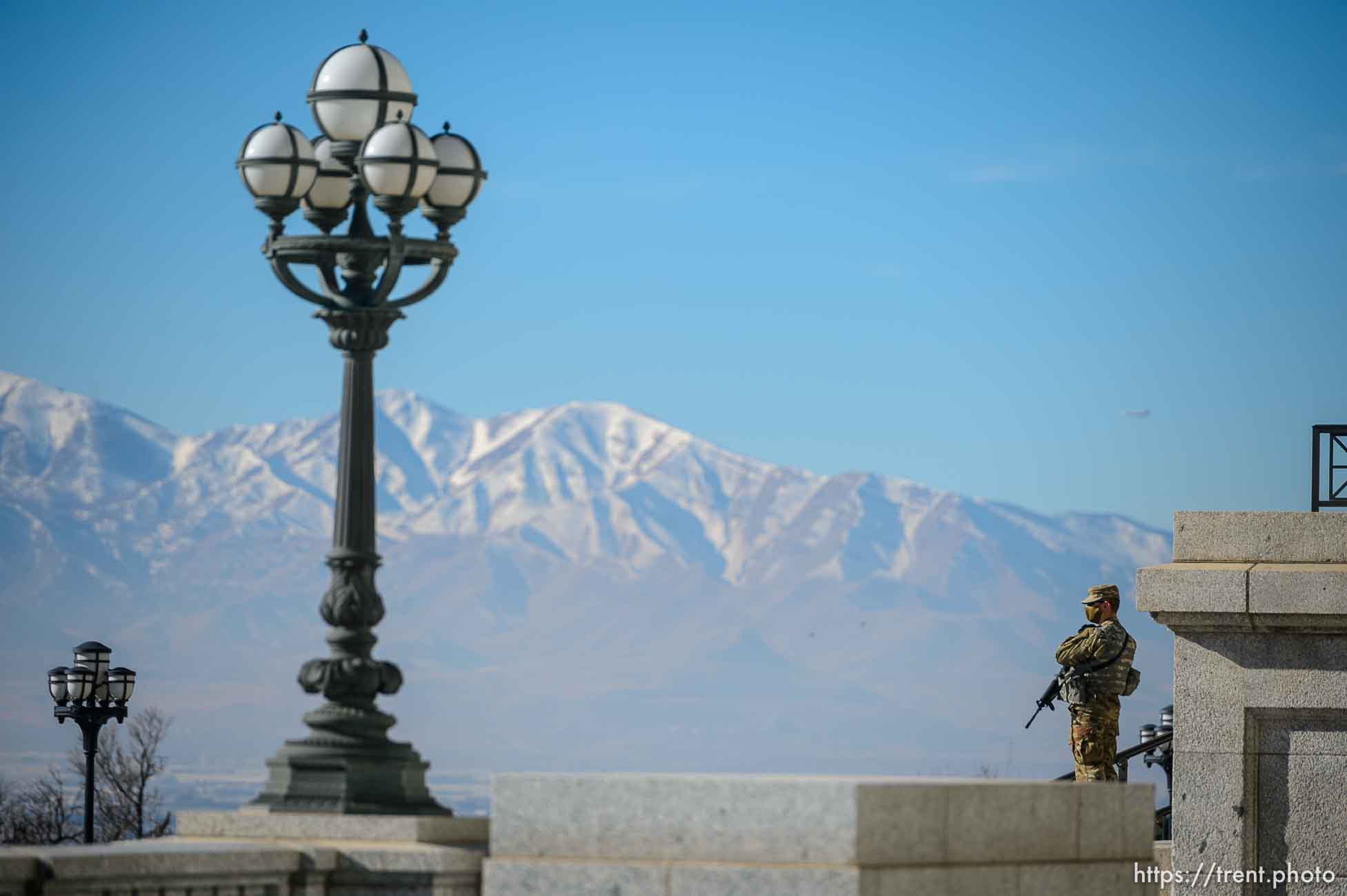 (Trent Nelson  |  The Salt Lake Tribune) National Guard troops at the state Capitol in Salt Lake City on Sunday, Jan. 17, 2021.