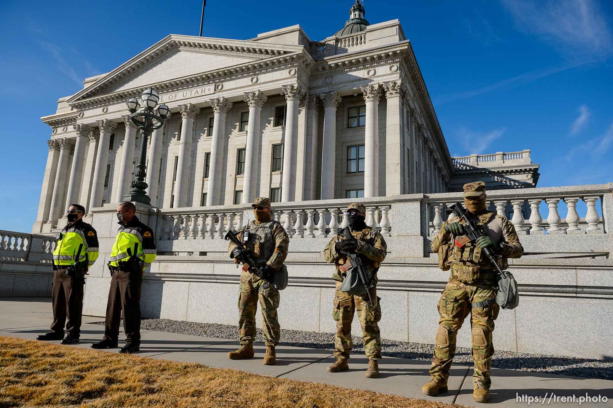 (Trent Nelson  |  The Salt Lake Tribune) Highway Patrol and National Guard at the state Capitol in Salt Lake City on Sunday, Jan. 17, 2021.