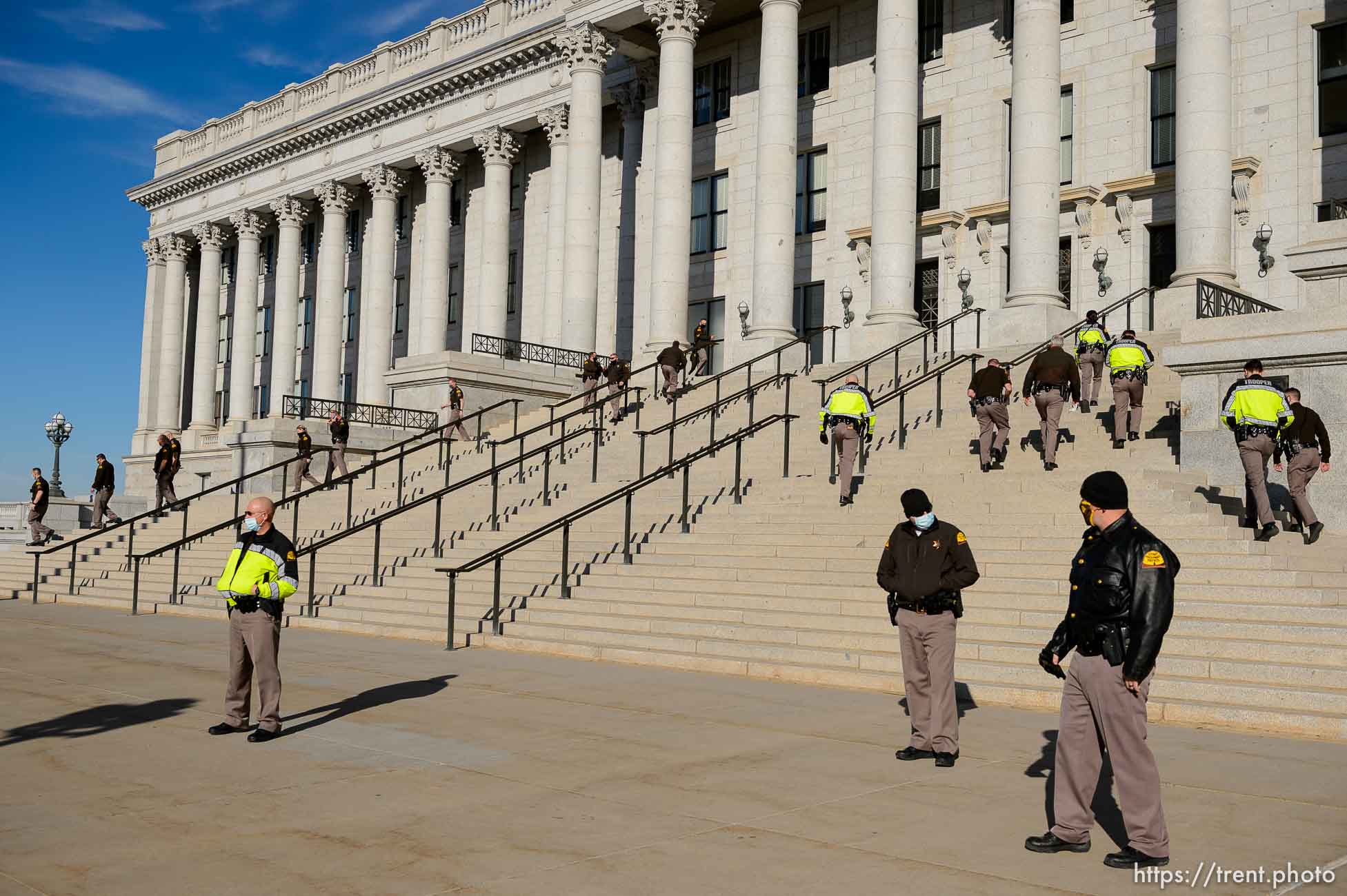 (Trent Nelson  |  The Salt Lake Tribune) Highway Patrol troopers at the state Capitol in Salt Lake City on Sunday, Jan. 17, 2021.