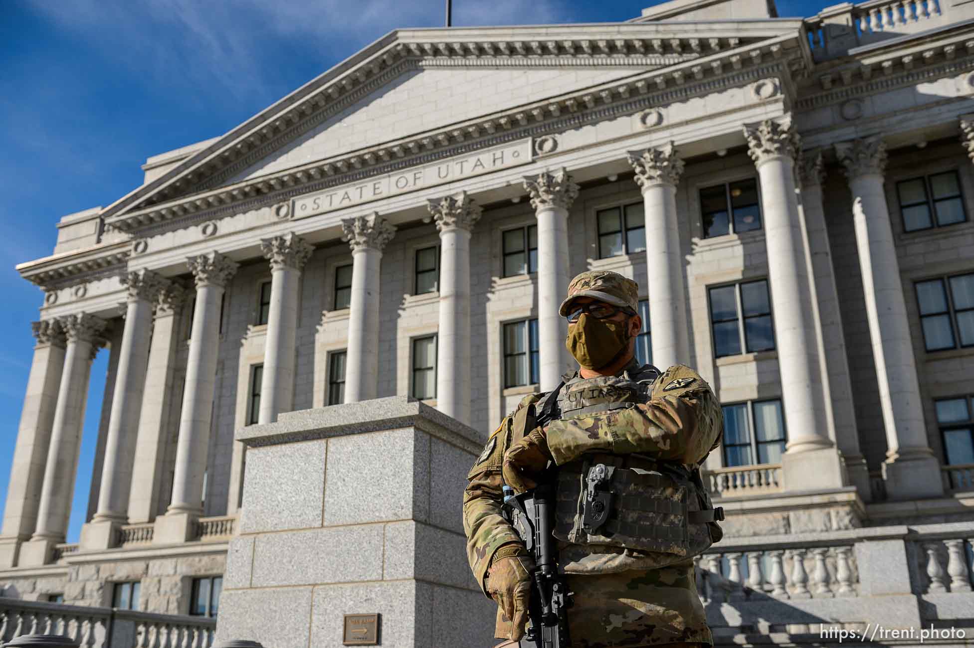 (Trent Nelson  |  The Salt Lake Tribune) National Guard troops at the state Capitol in Salt Lake City on Sunday, Jan. 17, 2021.