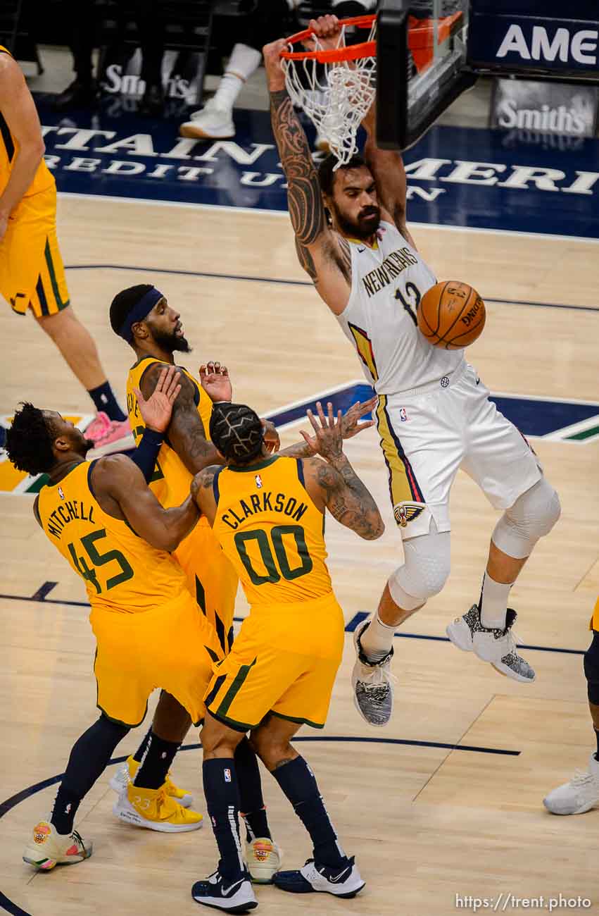 (Trent Nelson  |  The Salt Lake Tribune) New Orleans Pelicans center Steven Adams (12) scores as the Utah Jazz host the New Orleans Pelicans, NBA basketball in Salt Lake City on Tuesday, Jan. 19, 2021.