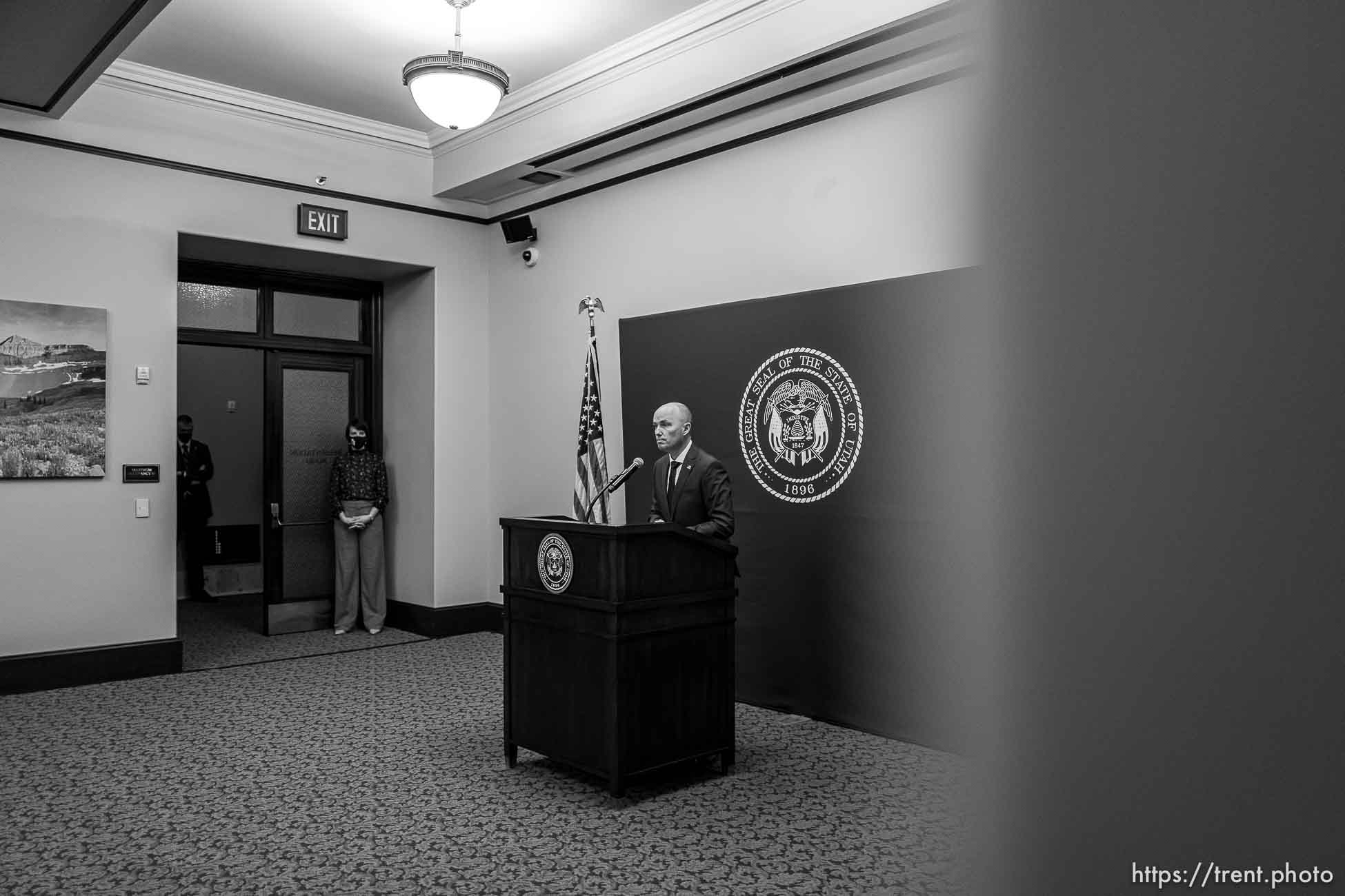 (Trent Nelson  |  The Salt Lake Tribune) Gov. Spencer Cox speaks at a news conference in Salt Lake City on Thursday, Jan. 28, 2021. Dr Angela Dunn at left.