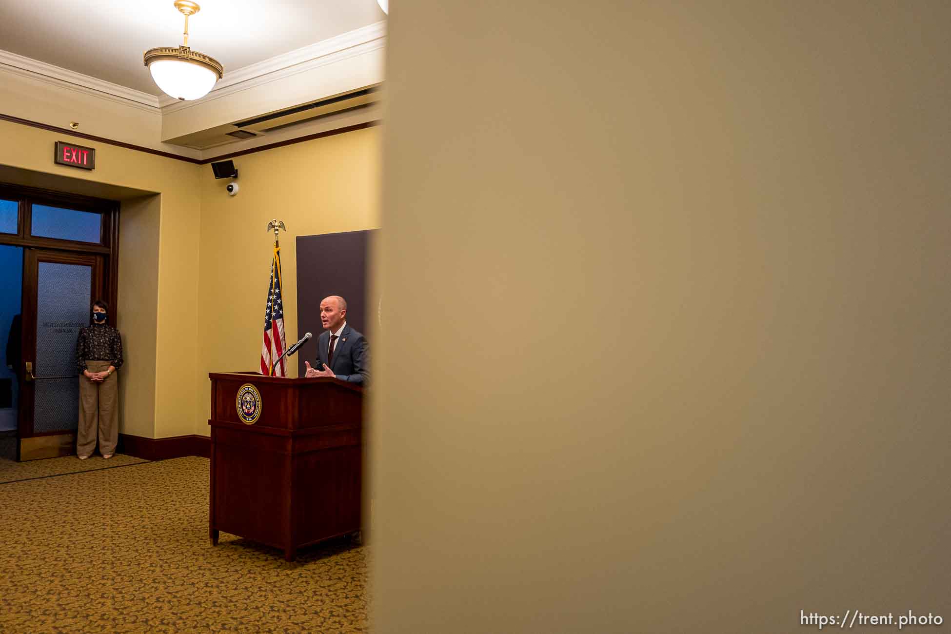 (Trent Nelson  |  The Salt Lake Tribune) Gov. Spencer Cox speaks at a news conference in Salt Lake City on Thursday, Jan. 28, 2021. Dr Angela Dunn at left.