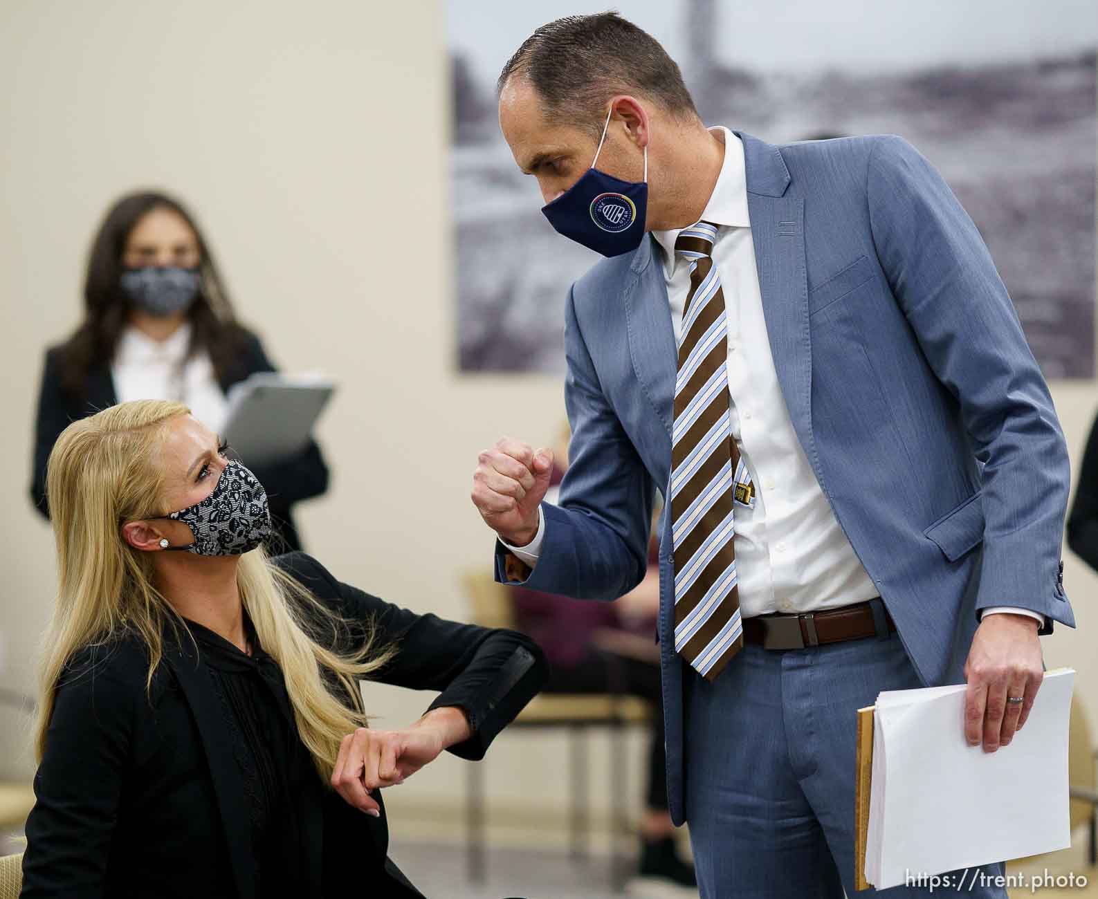 (Trent Nelson  |  The Salt Lake Tribune) Paris Hilton bumps elbows with Sen. Michael McKell, R-Spanish Fork, after a vote on SB-127 to the Senate Judiciary, Law Enforcement, and Criminal Justice Standing Committee in Salt Lake City on Monday, Feb. 8, 2021.