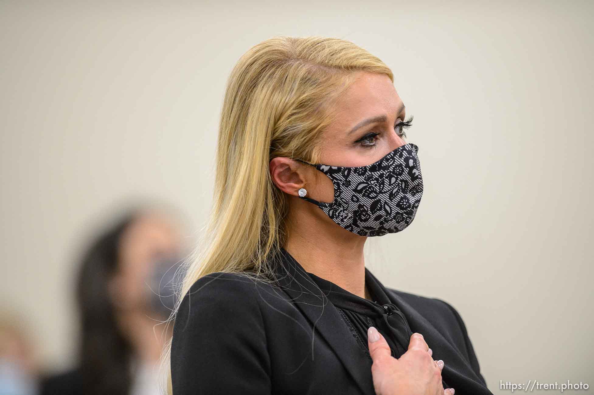 (Trent Nelson  |  The Salt Lake Tribune) Paris Hilton acknowledges thanks from Sen. Derek Kitchen, D-Salt Lake City, after speaking on SB-127 to the Senate Judiciary, Law Enforcement, and Criminal Justice Standing Committee in Salt Lake City on Monday, Feb. 8, 2021.