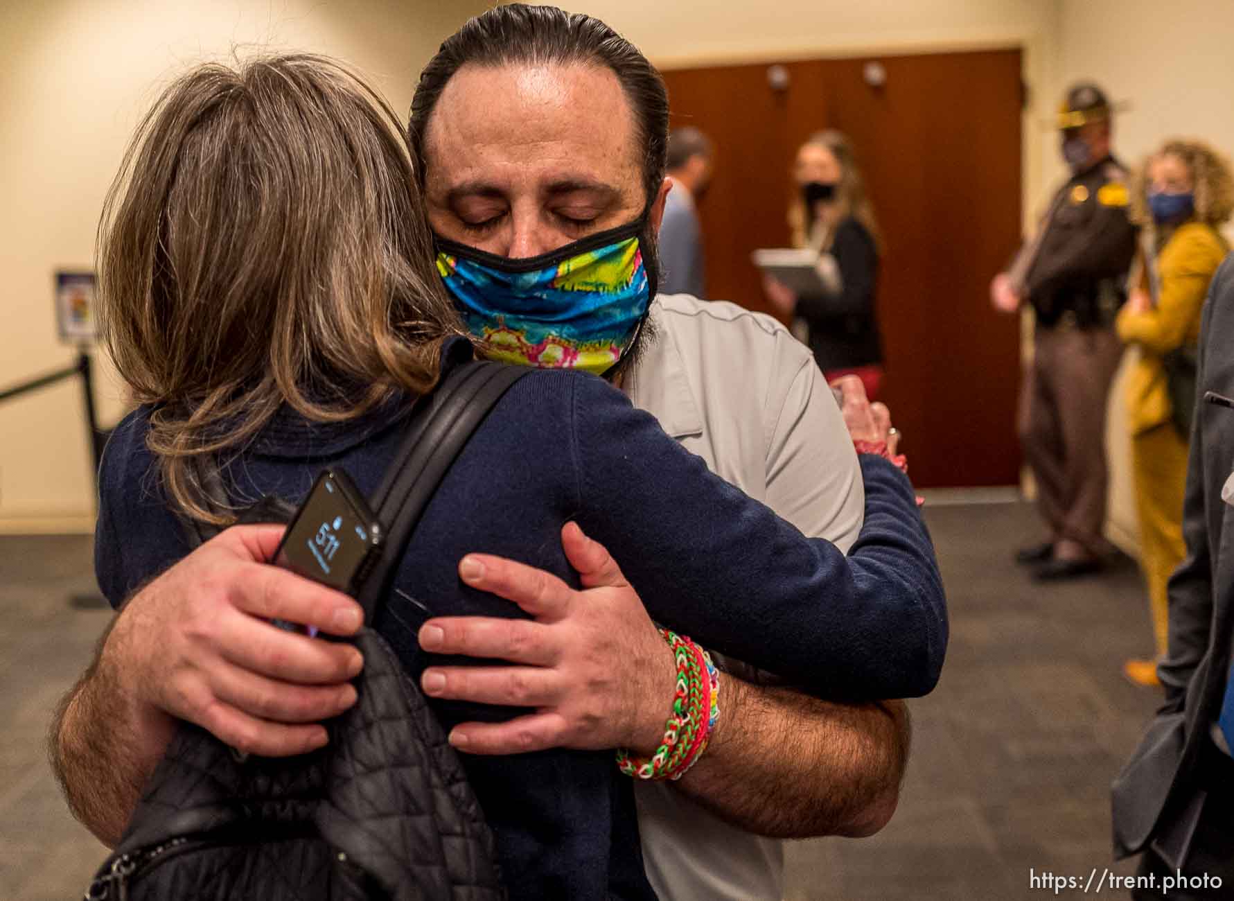 (Trent Nelson  |  The Salt Lake Tribune) Jeff Netto embraces his mother, Robyn Fairfield, after testifying in support of SB-127 to the Senate Judiciary, Law Enforcement, and Criminal Justice Standing Committee in Salt Lake City on Monday, Feb. 8, 2021.