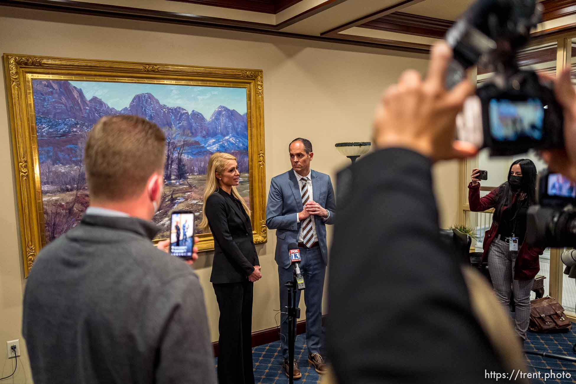 (Trent Nelson  |  The Salt Lake Tribune) Paris Hilton speaks after testifying on SB-127 to the Senate Judiciary, Law Enforcement, and Criminal Justice Standing Committee in Salt Lake City on Monday, Feb. 8, 2021. At right is Sen. Michael McKell, R-Spanish Fork.