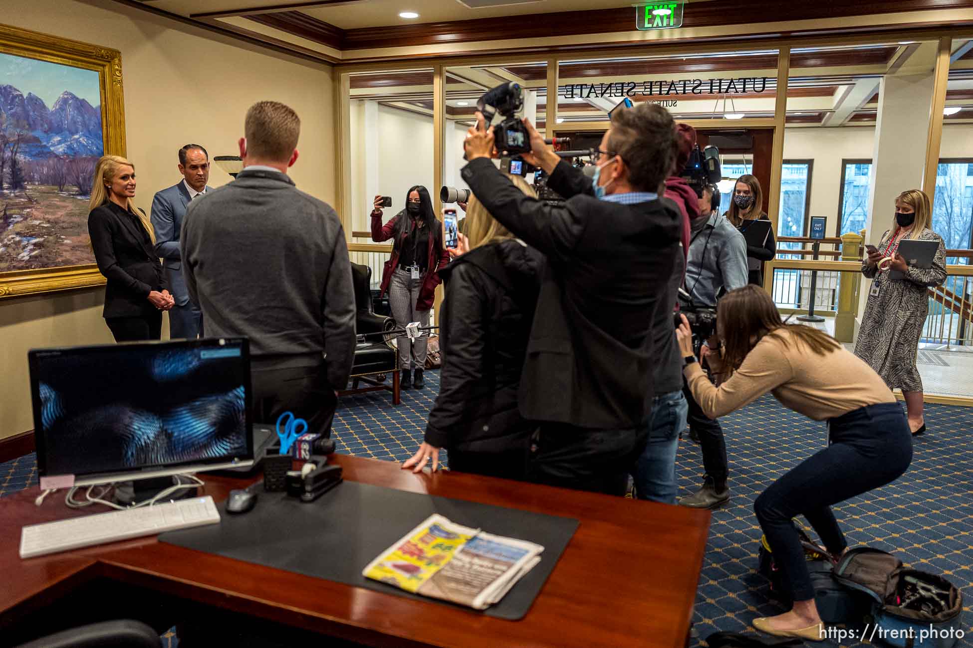 (Trent Nelson  |  The Salt Lake Tribune) Paris Hilton speaks after testifying on SB-127 to the Senate Judiciary, Law Enforcement, and Criminal Justice Standing Committee in Salt Lake City on Monday, Feb. 8, 2021. At right is Sen. Michael McKell, R-Spanish Fork.