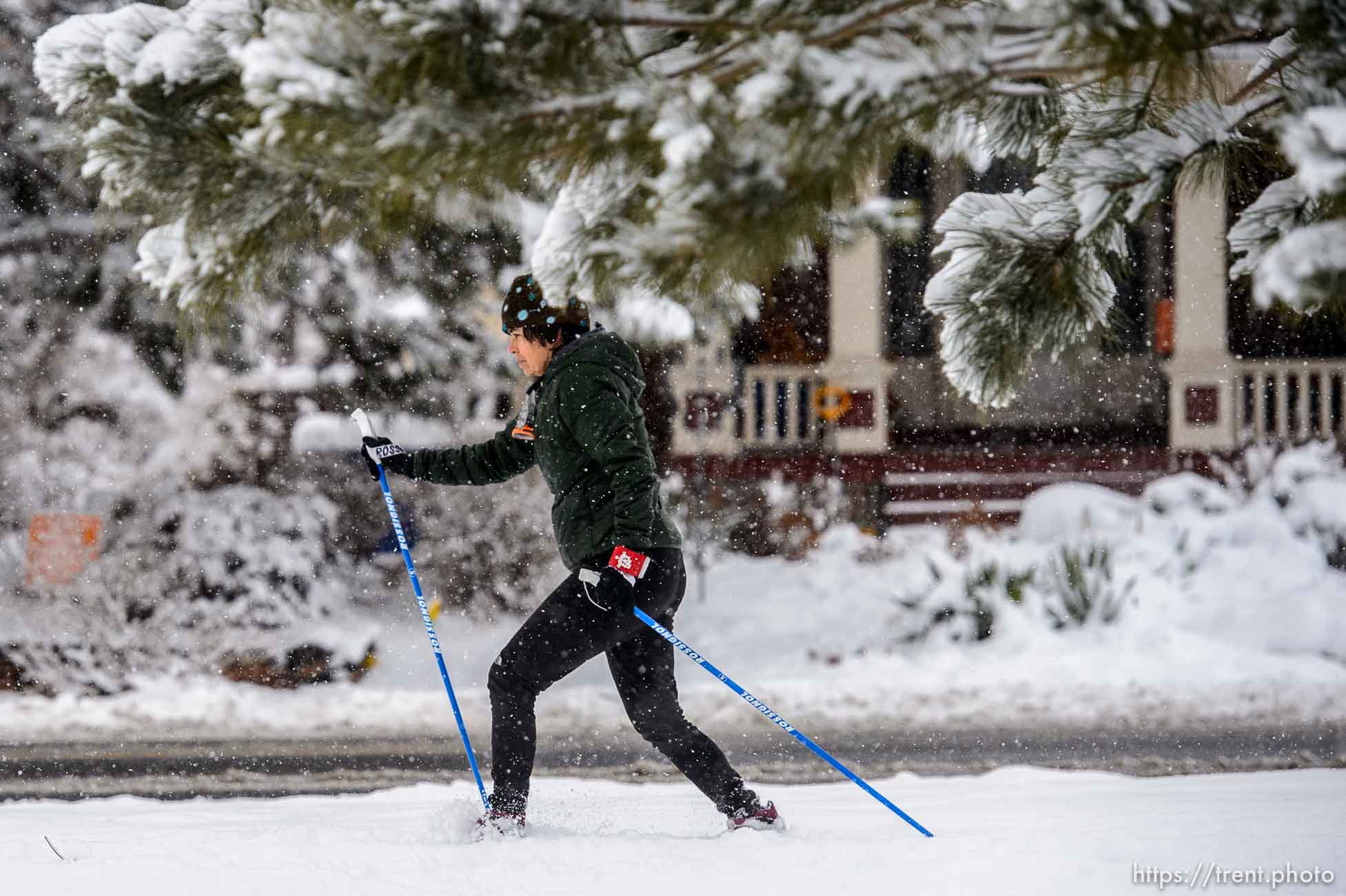 (Trent Nelson  |  The Salt Lake Tribune) Melinda Tomeo skis through Liberty Park in Salt Lake City on Wednesday, Feb. 17, 2021.