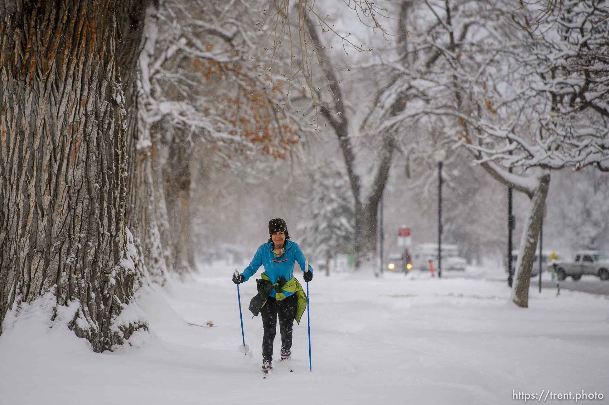 (Trent Nelson  |  The Salt Lake Tribune) Melinda Tomeo skis through Liberty Park in Salt Lake City on Wednesday, Feb. 17, 2021.