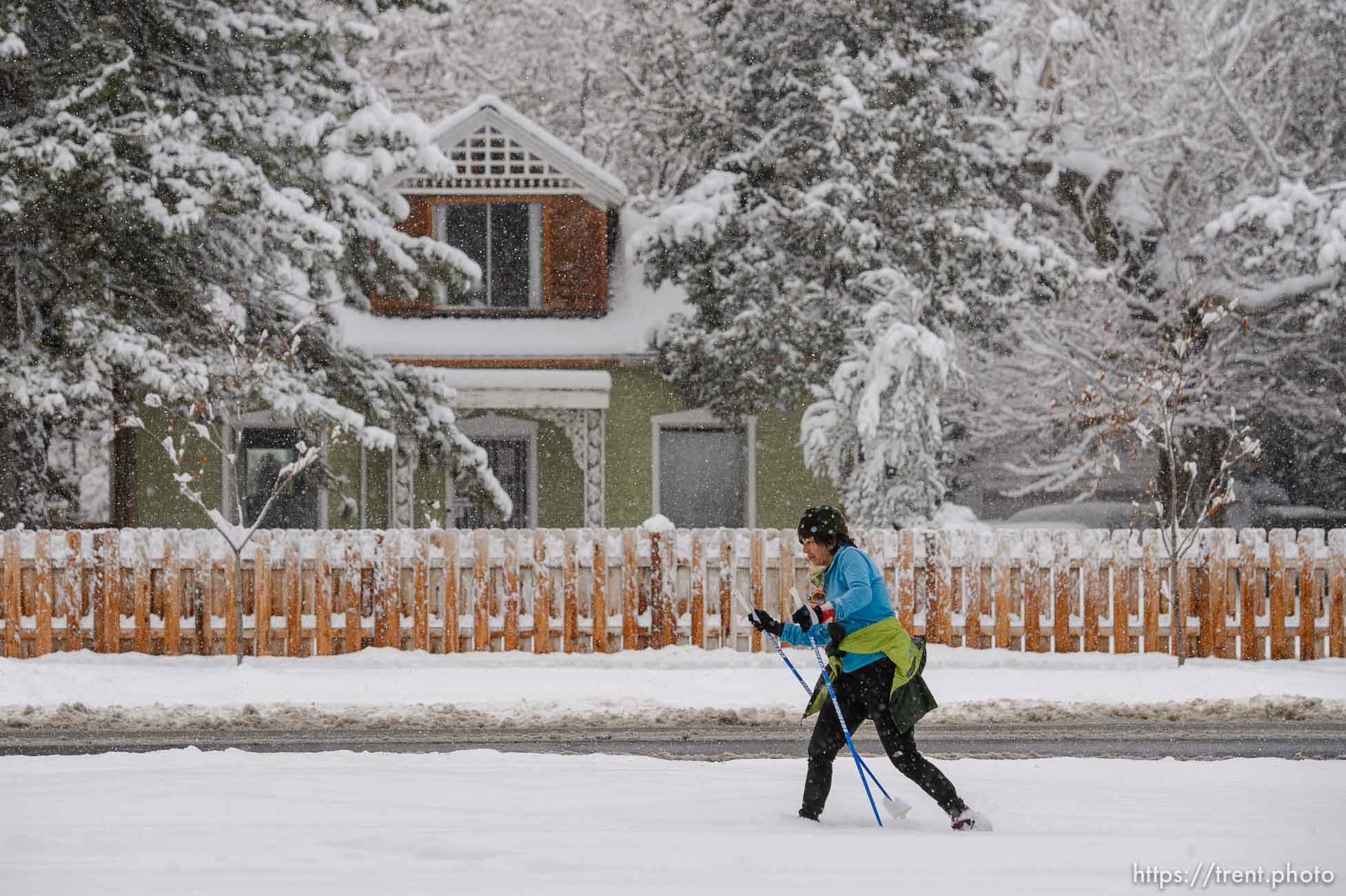 (Trent Nelson  |  The Salt Lake Tribune) Melinda Tomeo skis through Liberty Park in Salt Lake City on Wednesday, Feb. 17, 2021.