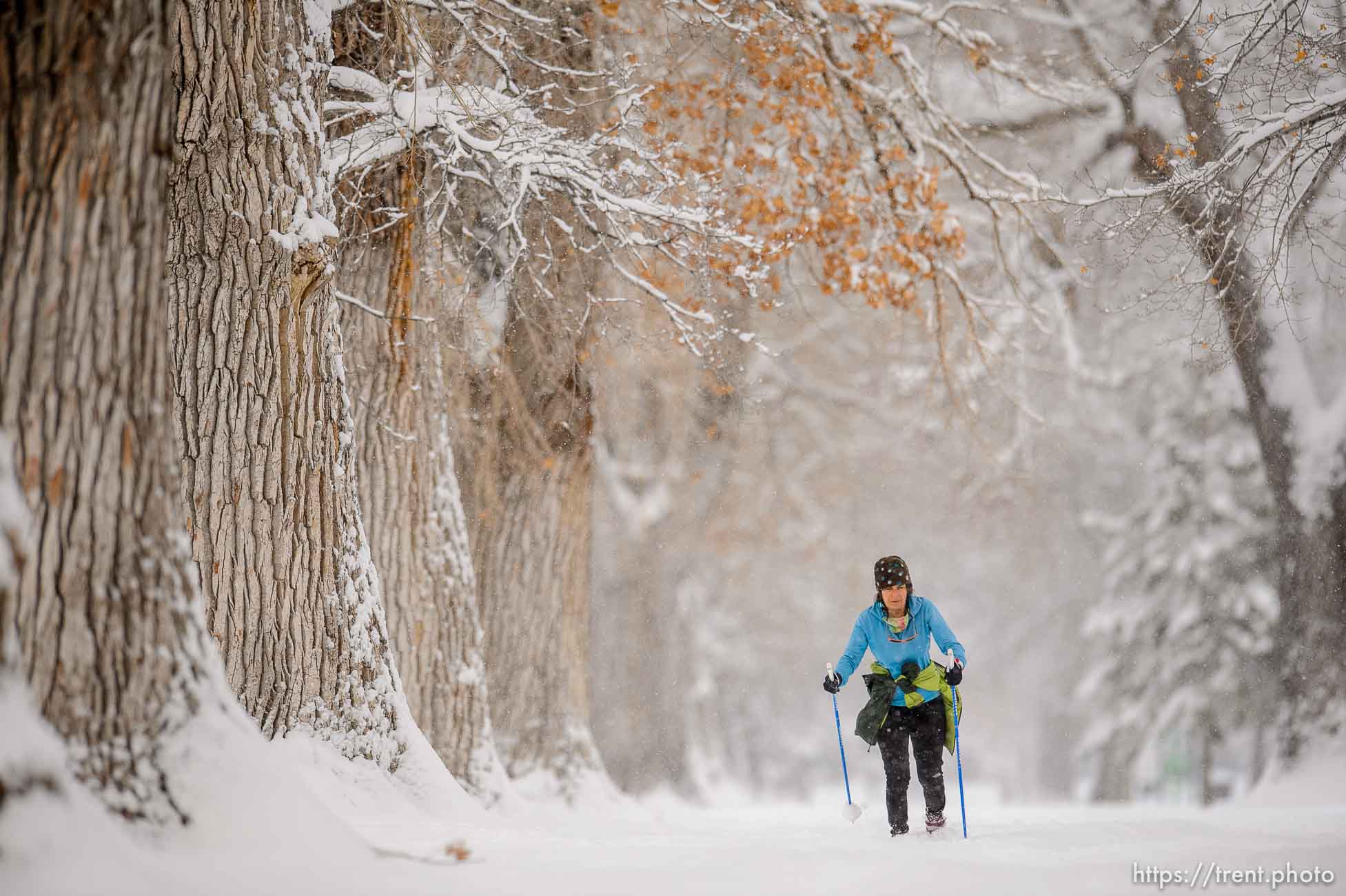 (Trent Nelson  |  The Salt Lake Tribune) Melinda Tomeo skies through Liberty Park as a winter storm continues to drop snow in Salt Lake City on Wednesday, Feb. 17, 2021.