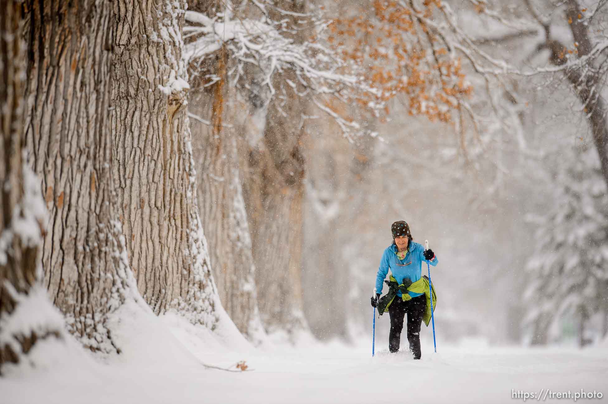 (Trent Nelson  |  The Salt Lake Tribune) Melinda Tomeo skies through Liberty Park as a winter storm continues to drop snow in Salt Lake City on Wednesday, Feb. 17, 2021.