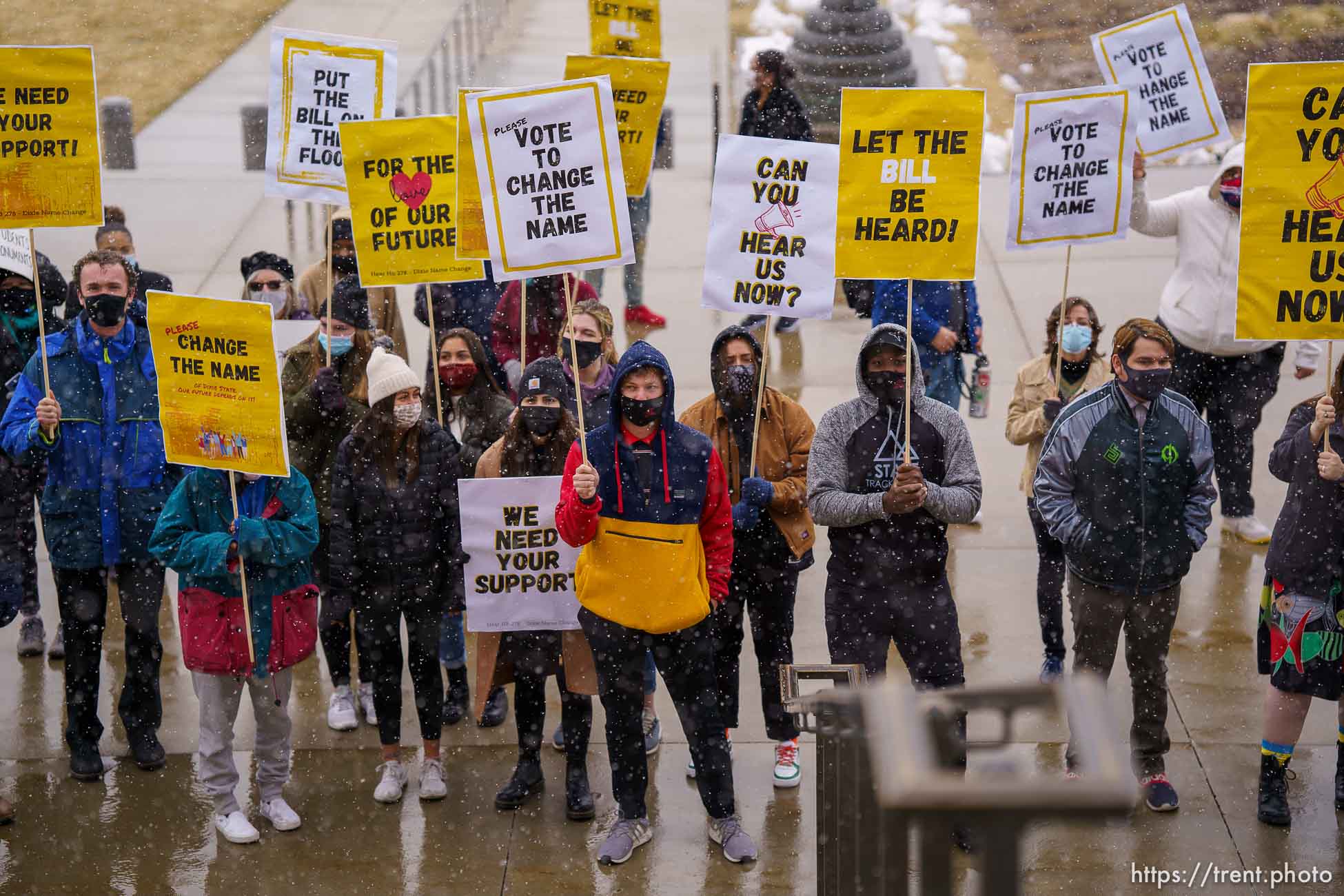 (Trent Nelson | The Salt Lake Tribune) Students from Dixie State University rally at the state Capitol in Salt Lake City on Wednesday, Feb. 24, 2021, calling on lawmakers to change the name of their school.