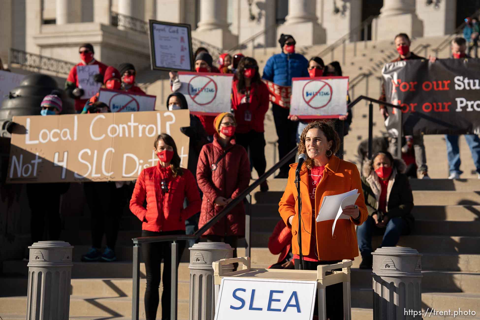 (Trent Nelson | The Salt Lake Tribune) Salt Lake City School District teachers and students rally at the state Capitol in Salt Lake City on Wednesday, Feb. 24, 2021.