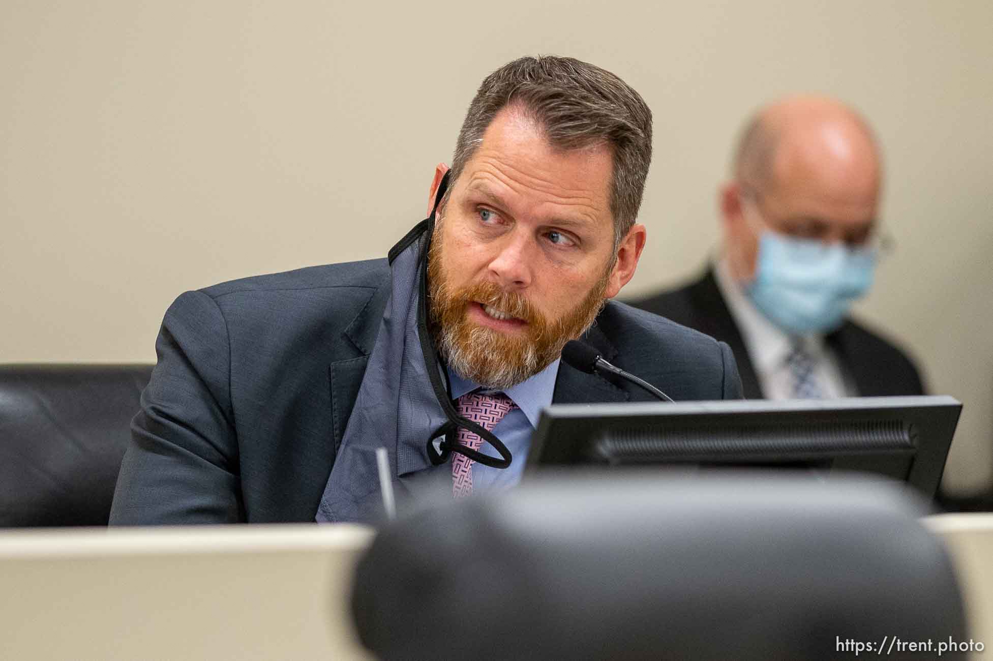 (Trent Nelson | The Salt Lake Tribune) Sen. Jacob Anderegg, R-Lehi, during a hearing on HB302, a controversial bill on transgender athletics, by the Senate Health and Human Services Standing Committee at the state Capitol in Salt Lake City on Wednesday, Feb. 24, 2021.