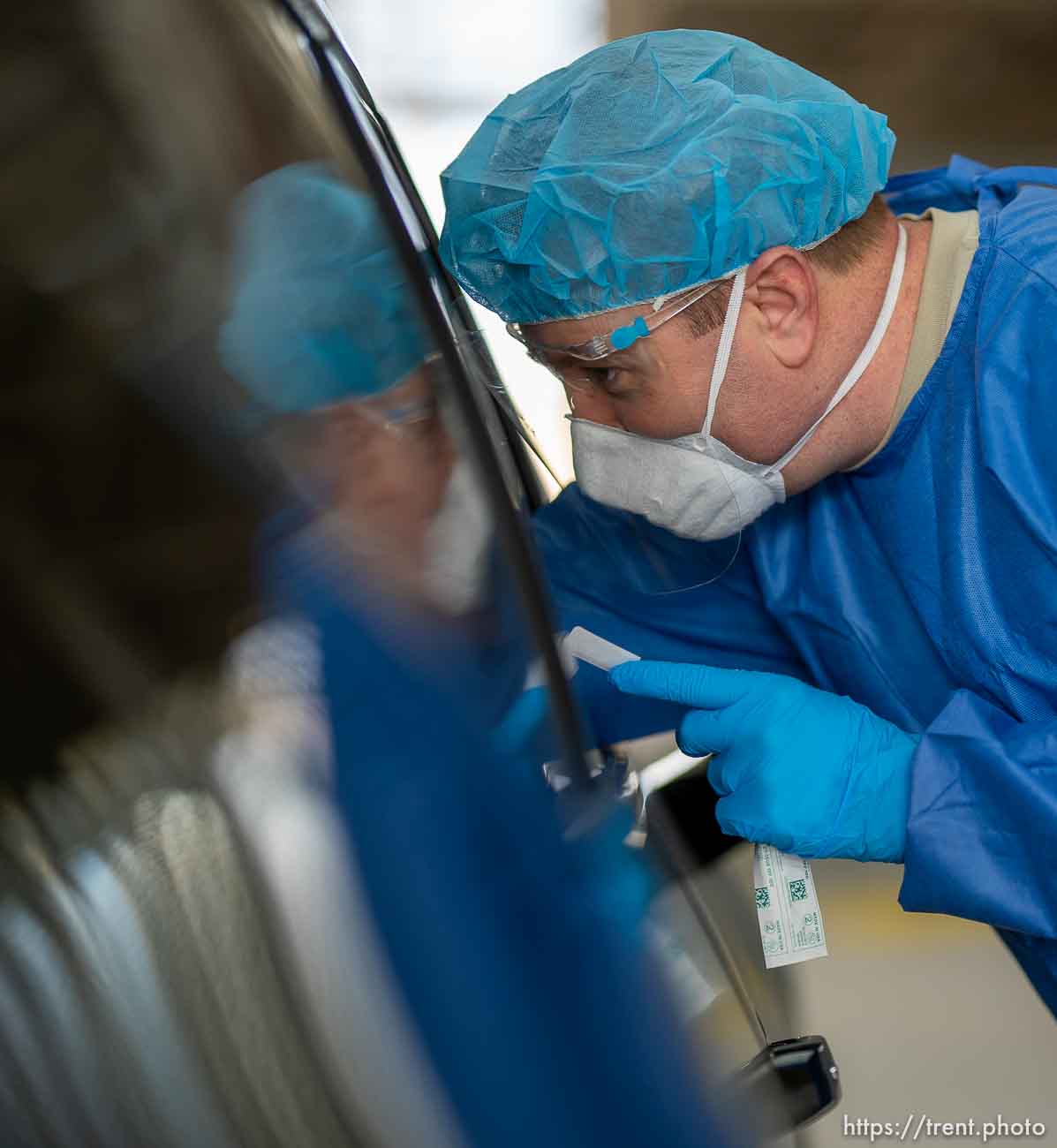 (Trent Nelson  |  The Salt Lake Tribune) Captain Jason Burton working at a COVID-19 testing site run by the Utah National Guard at the Utah State Fairpark in Salt Lake City on Thursday, Feb. 25, 2021.