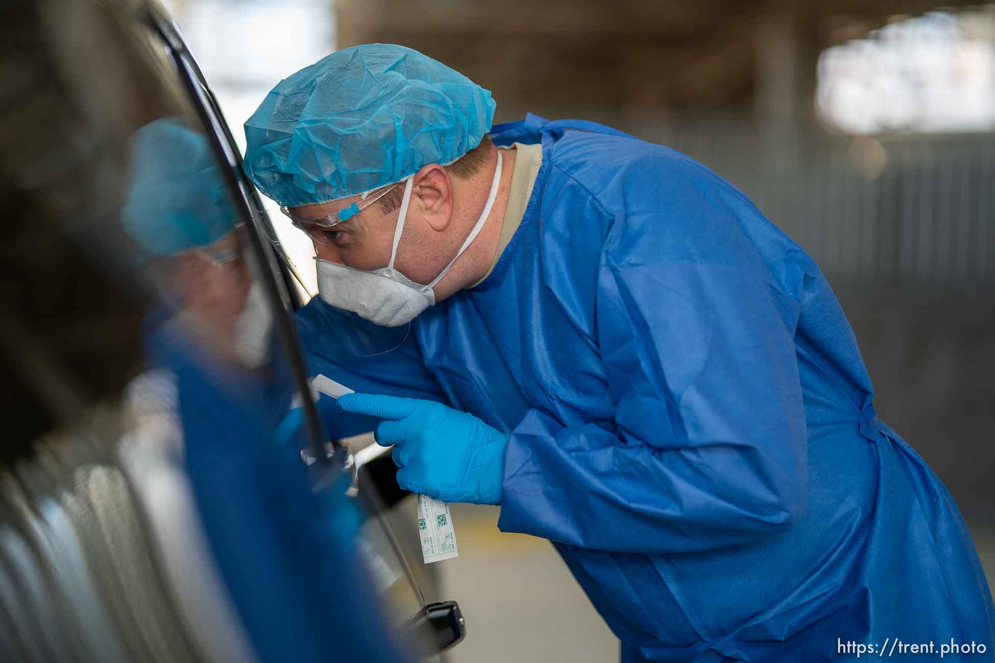 (Trent Nelson  |  The Salt Lake Tribune) Captain Jason Burton working at a COVID-19 testing site run by the Utah National Guard at the Utah State Fairpark in Salt Lake City on Thursday, Feb. 25, 2021.