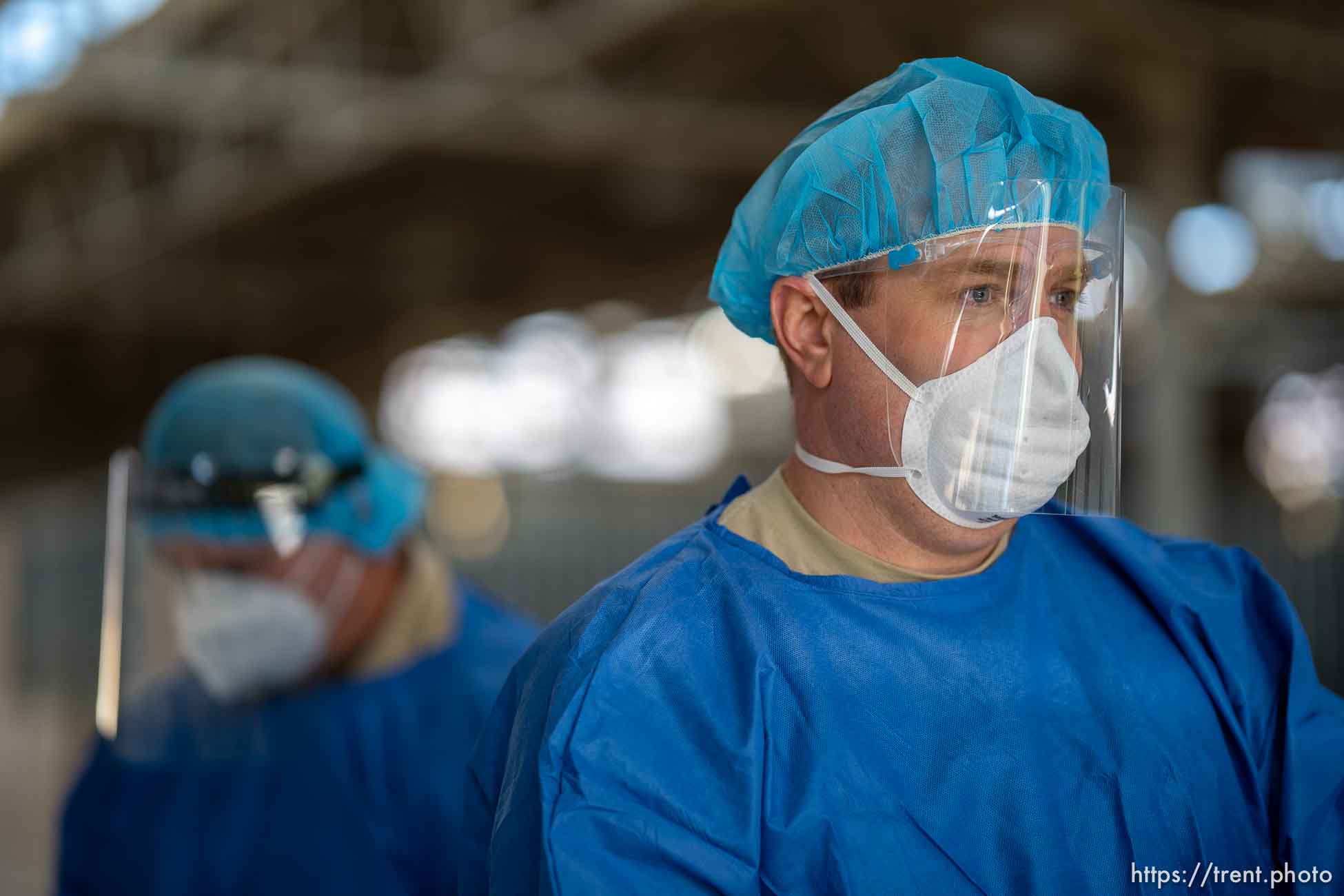 (Trent Nelson  |  The Salt Lake Tribune) Captain Jason Burton working at a COVID-19 testing site run by the Utah National Guard at the Utah State Fairpark in Salt Lake City on Thursday, Feb. 25, 2021.