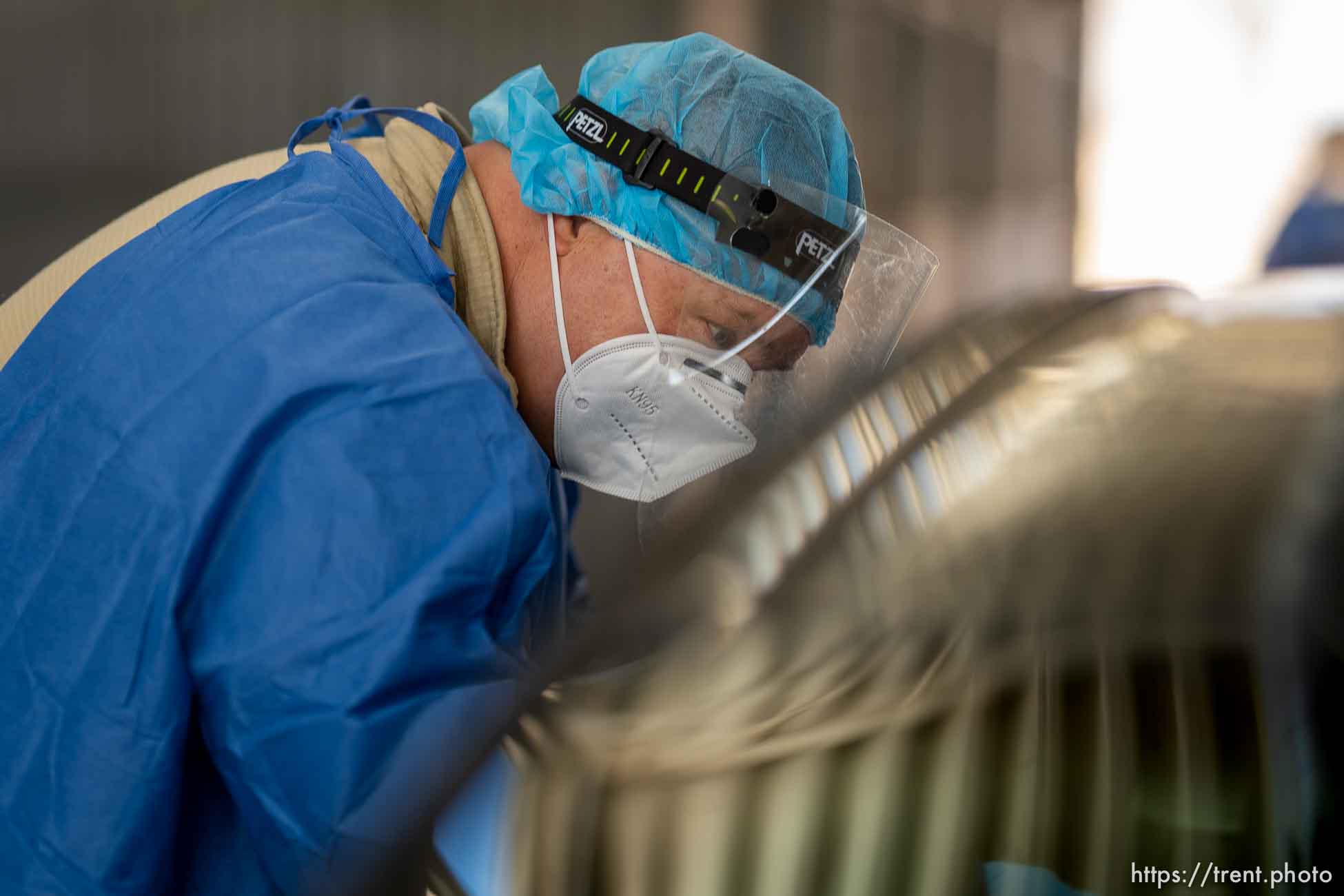 (Trent Nelson  |  The Salt Lake Tribune) Sgt. 1st Class Sean Conorich working at a COVID-19 testing site run by the Utah National Guard at the Utah State Fairpark in Salt Lake City on Thursday, Feb. 25, 2021.