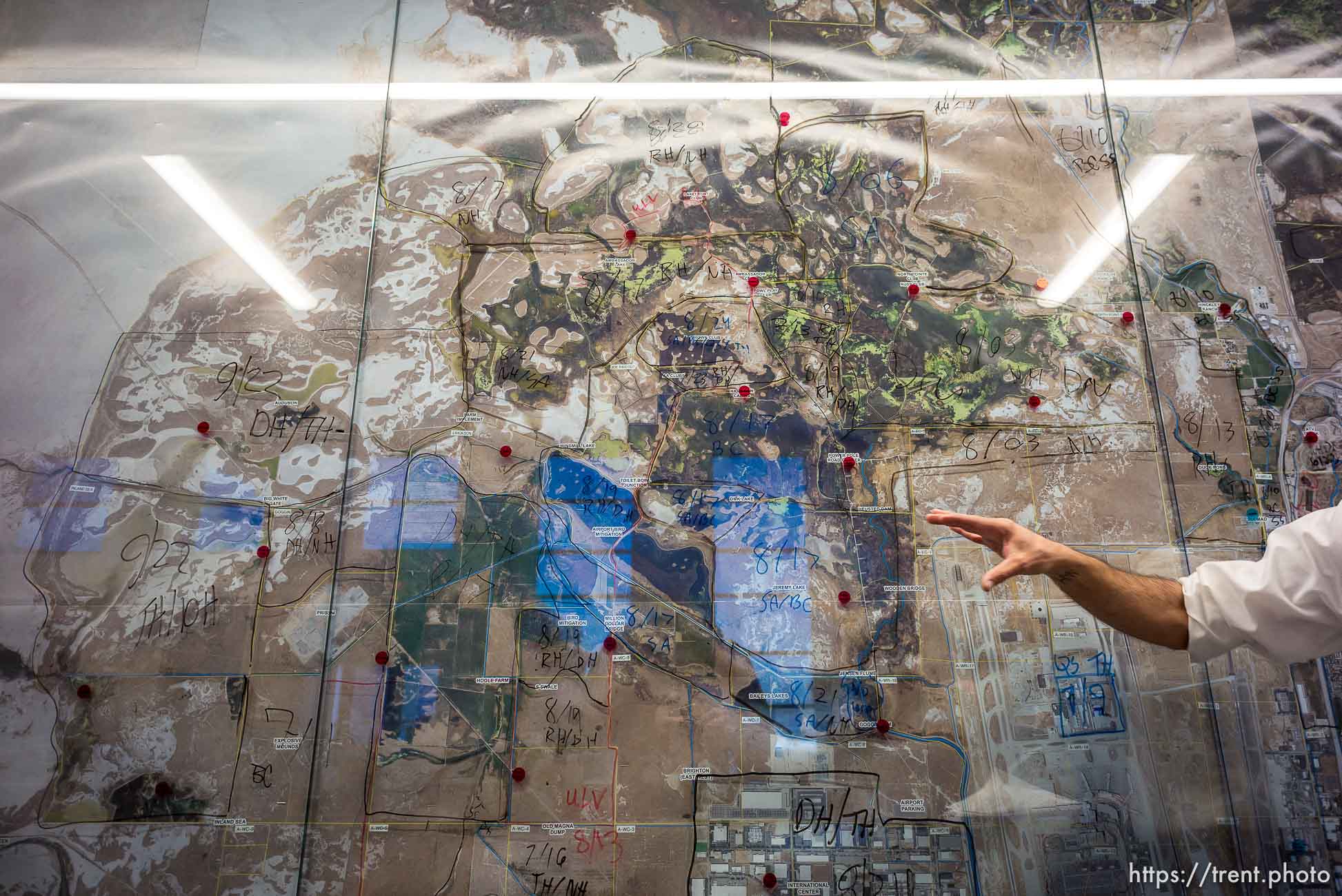 (Trent Nelson  |  The Salt Lake Tribune) Ary Faraji, executive director, gestures to a map of the wetlands northwest of Salt Lake City at the Salt Lake City Mosquito Abatement District's facility on Thursday, Feb. 25, 2021.