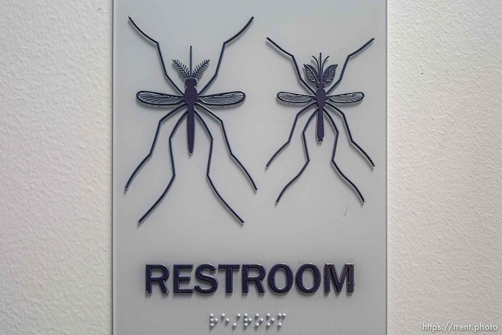 (Trent Nelson  |  The Salt Lake Tribune) A restroom sign at the Salt Lake City Mosquito Abatement District's facility on Thursday, Feb. 25, 2021.