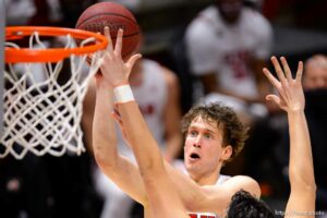 (Trent Nelson  |  The Salt Lake Tribune) Utah Utes forward Mikael Jantunen (20) looks to shoot as Utah hosts Oregon State, NCAA basketball in Salt Lake City on Wednesday, March 3, 2021.