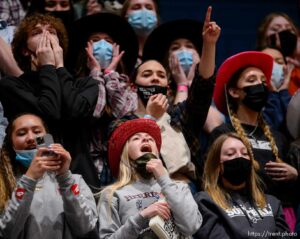 (Trent Nelson  |  The Salt Lake Tribune) Herriman v Lone Peak, 6A state basketball tournament, in Taylorsville on Thursday, March 4, 2021. Herriman fans