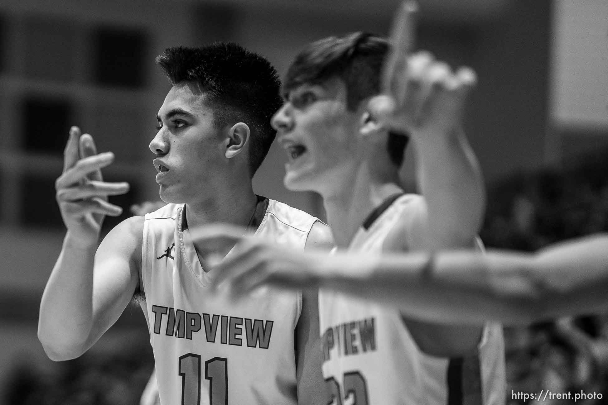 (Trent Nelson  |  The Salt Lake Tribune) Timpview vs Farmington, high school basketball semifinals, in Taylorsville on Friday, March 5, 2021. Etano Foster, Mckay Simpson