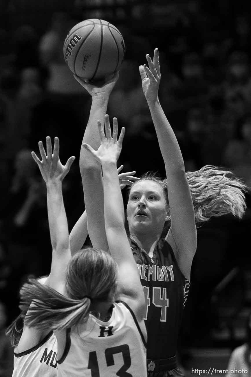 (Trent Nelson  |  The Salt Lake Tribune) Fremont's Maggie Mendelson shoots while facing Herriman in the 6A girls basketball state championship game, in Taylorsville on Saturday, March 6, 2021.