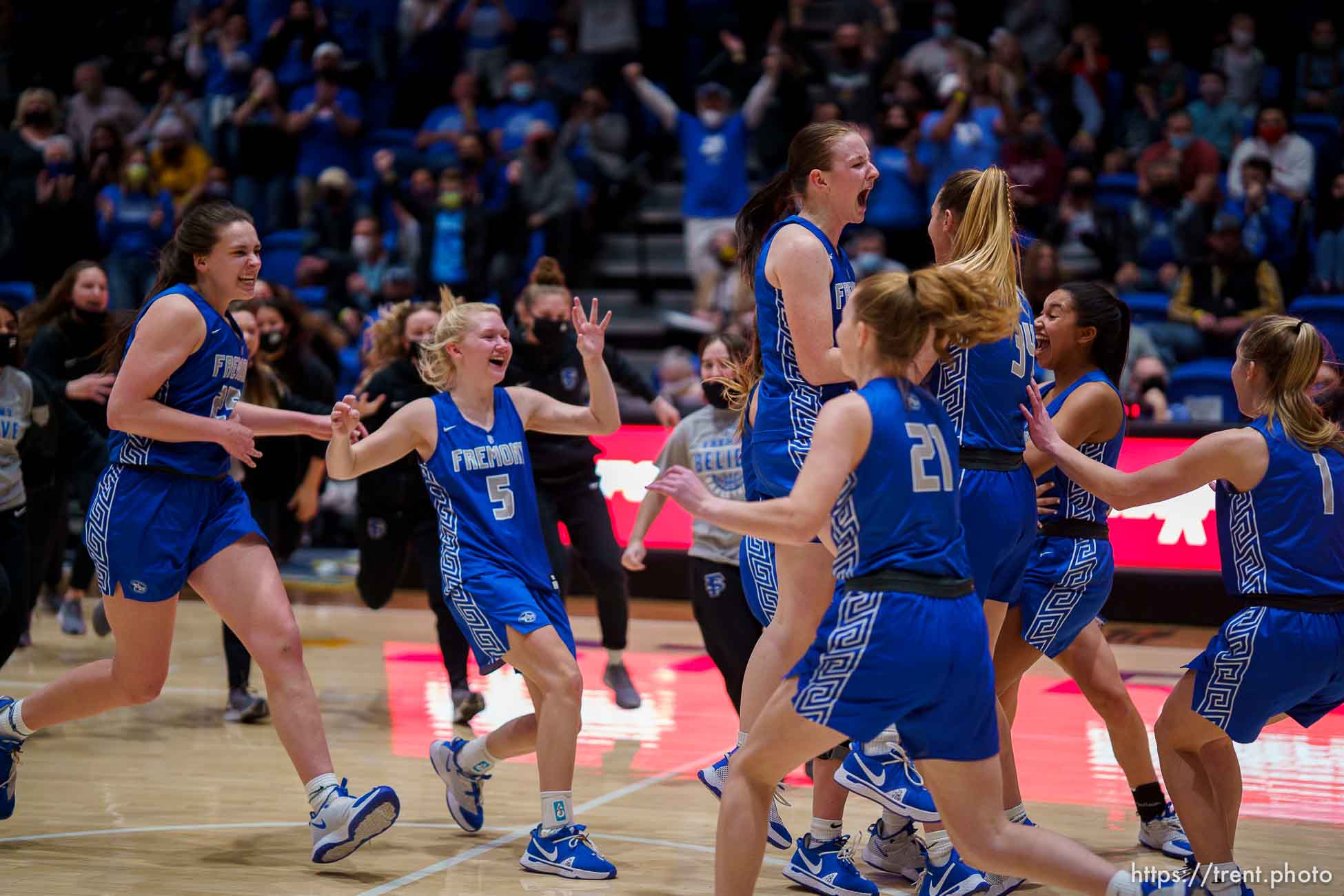 (Trent Nelson  |  The Salt Lake Tribune) Fremont players celebrate after defeating Herriman High School in the 6A girls basketball state championship game, in Taylorsville on Saturday, March 6, 2021.