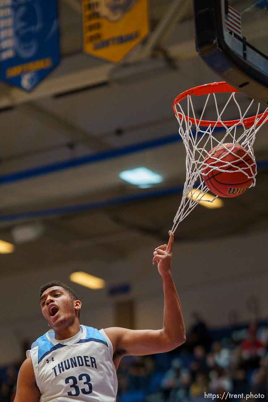 (Trent Nelson  |  The Salt Lake Tribune) Westlake's Keilan Torkornoo catches a finger in the net as Westlake faces Davis High School in the 6A boys basketball state championship game, in Taylorsville on Saturday, March 6, 2021.