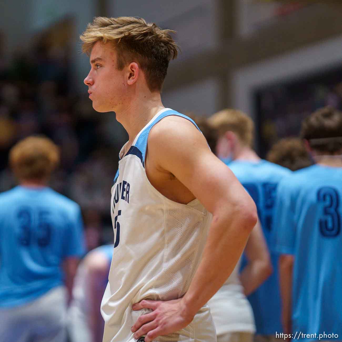 (Trent Nelson  |  The Salt Lake Tribune) Westlake's Oakley Slade watches Davis players celebrate after Davis defeated Westlake High School in the 6A boys basketball state championship game, in Taylorsville on Saturday, March 6, 2021.